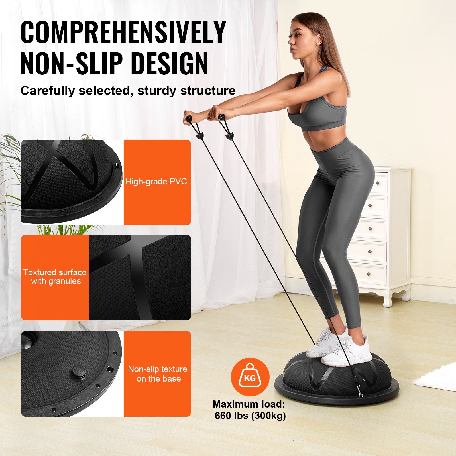 Exercise Bikes: VEVOR Half Exercise Ball Trainer, 23 inch Balance Ball Trainer, 660 lbs Capacity Stability Ball, Yoga Ball with Resistance Bands and Pump, Strength Fitness Ball for Home Gym, Full Body Workouts, Black