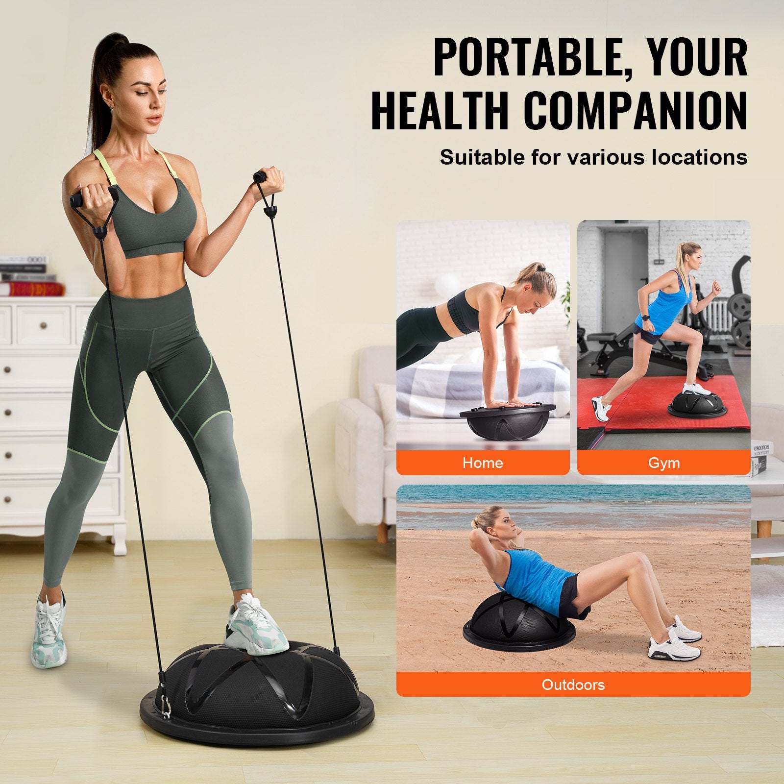 Exercise Bikes: VEVOR Half Exercise Ball Trainer, 23 inch Balance Ball Trainer, 660 lbs Capacity Stability Ball, Yoga Ball with Resistance Bands and Pump, Strength Fitness Ball for Home Gym, Full Body Workouts, Black