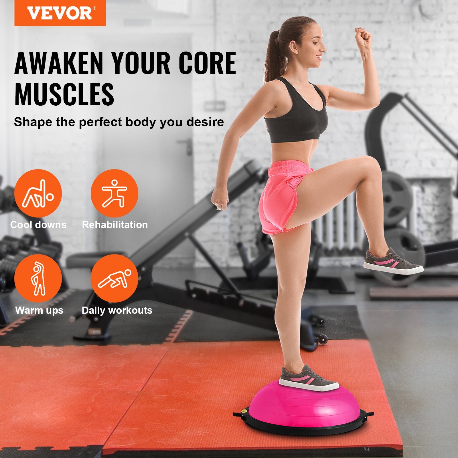 Basketball & Basketball Accessories: VEVOR Half Exercise Ball Trainer, 26 inch Balance Ball Trainer, 1500lbs Capacity Stability Ball, Yoga Ball with Resistance Bands & Foot Pump, Strength Fitness Ball for Home Gym Full Body Workout, Pink