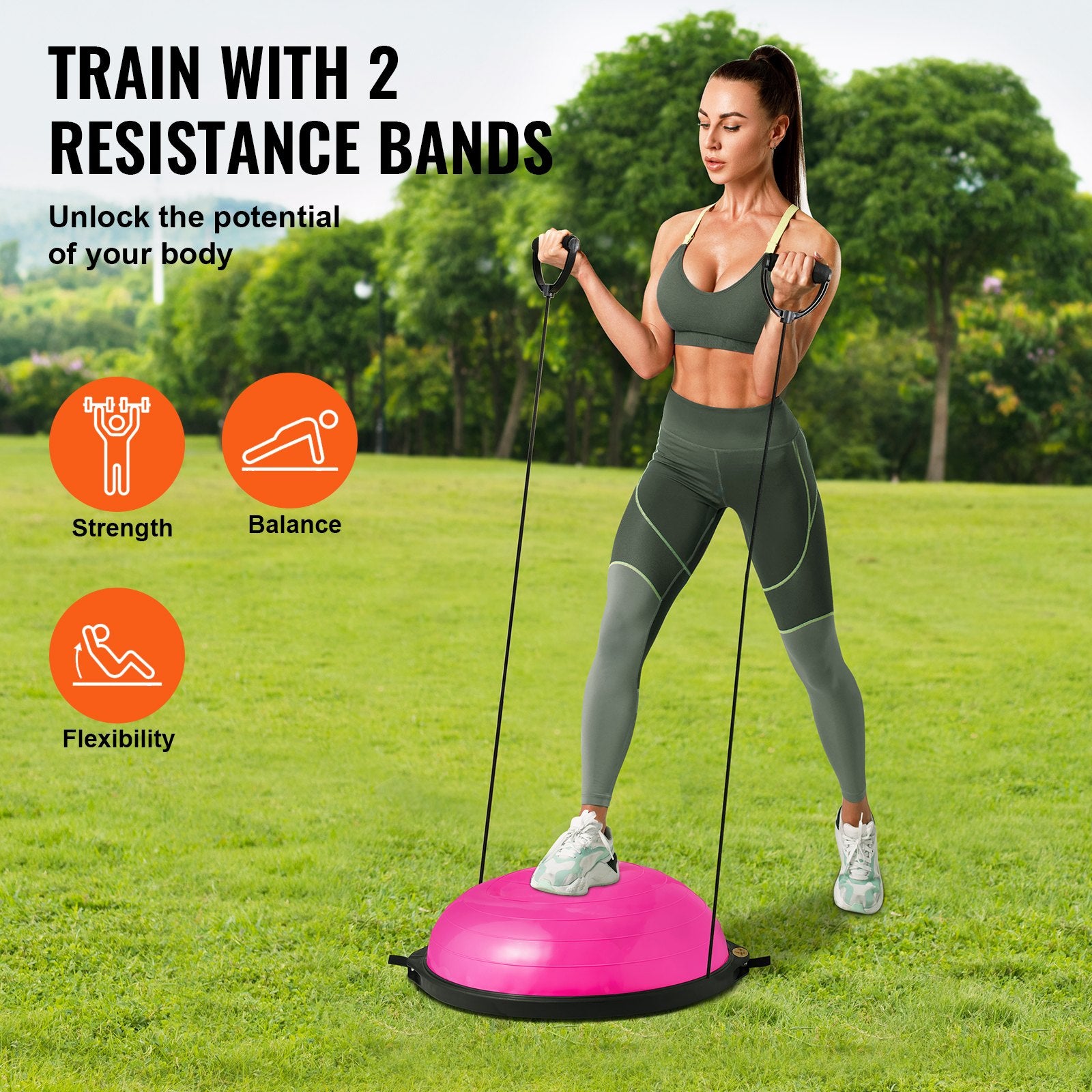 Basketball & Basketball Accessories: VEVOR Half Exercise Ball Trainer, 26 inch Balance Ball Trainer, 1500lbs Capacity Stability Ball, Yoga Ball with Resistance Bands & Foot Pump, Strength Fitness Ball for Home Gym Full Body Workout, Pink