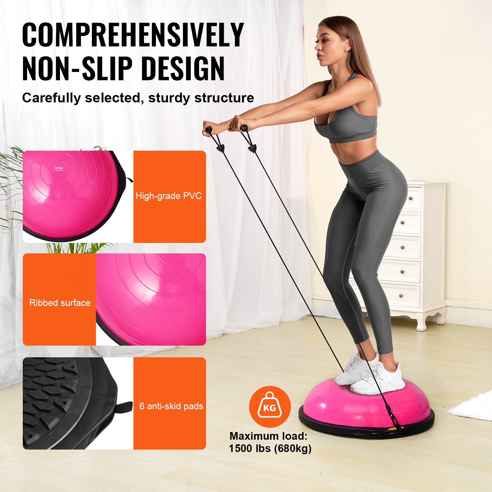 Basketball & Basketball Accessories: VEVOR Half Exercise Ball Trainer, 26 inch Balance Ball Trainer, 1500lbs Capacity Stability Ball, Yoga Ball with Resistance Bands & Foot Pump, Strength Fitness Ball for Home Gym Full Body Workout, Pink