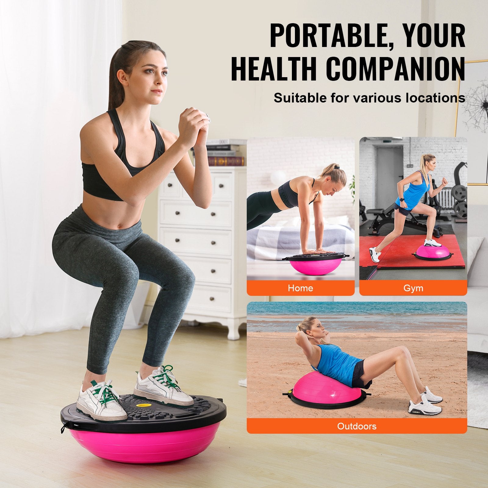 Basketball & Basketball Accessories: VEVOR Half Exercise Ball Trainer, 26 inch Balance Ball Trainer, 1500lbs Capacity Stability Ball, Yoga Ball with Resistance Bands & Foot Pump, Strength Fitness Ball for Home Gym Full Body Workout, Pink