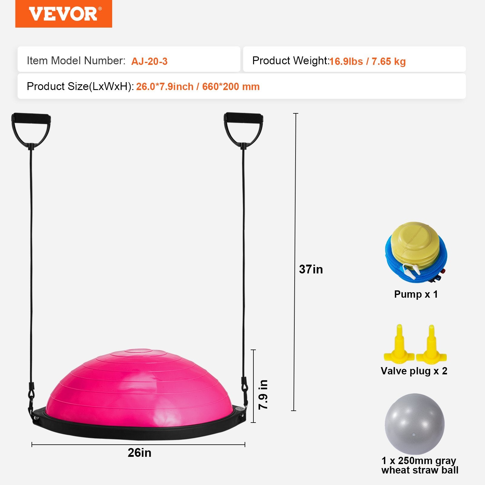 Basketball & Basketball Accessories: VEVOR Half Exercise Ball Trainer, 26 inch Balance Ball Trainer, 1500lbs Capacity Stability Ball, Yoga Ball with Resistance Bands & Foot Pump, Strength Fitness Ball for Home Gym Full Body Workout, Pink