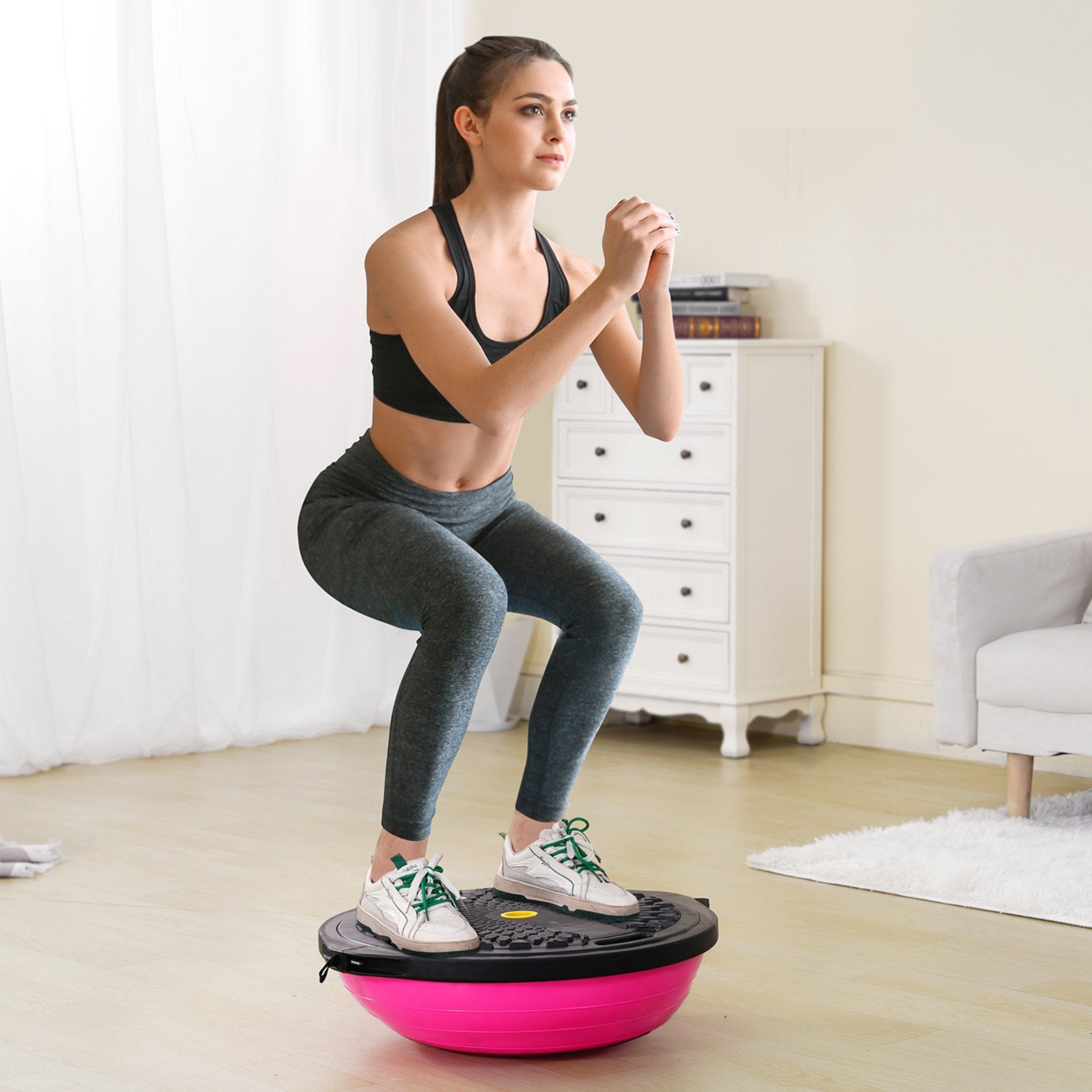 Basketball & Basketball Accessories: VEVOR Half Exercise Ball Trainer, 26 inch Balance Ball Trainer, 1500lbs Capacity Stability Ball, Yoga Ball with Resistance Bands & Foot Pump, Strength Fitness Ball for Home Gym Full Body Workout, Pink