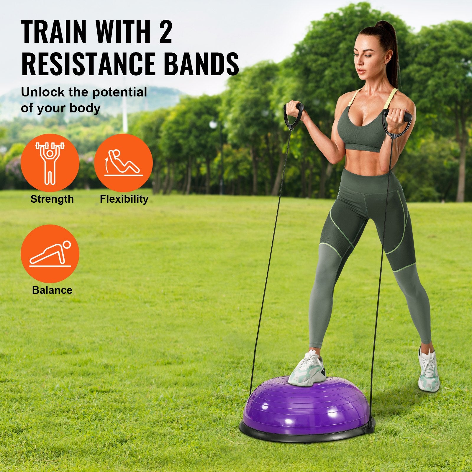 Basketball & Basketball Accessories: VEVOR Half Exercise Ball Trainer, 23 inch Balance Ball Trainer, 660lbs Stability Ball, Yoga Ball with Resistance Bands & Foot Pump, Strength Fitness Ball for Home Gym, Full Body Workout, Purple
