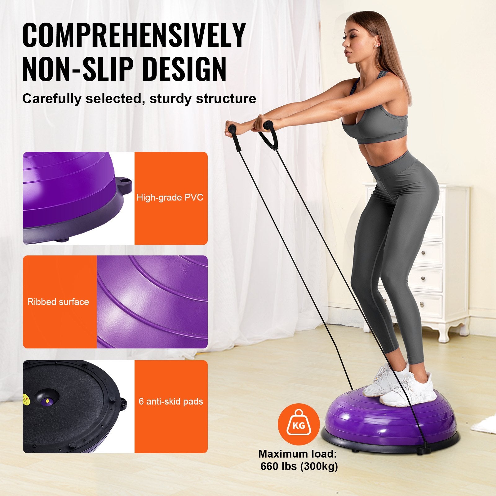 Basketball & Basketball Accessories: VEVOR Half Exercise Ball Trainer, 23 inch Balance Ball Trainer, 660lbs Stability Ball, Yoga Ball with Resistance Bands & Foot Pump, Strength Fitness Ball for Home Gym, Full Body Workout, Purple