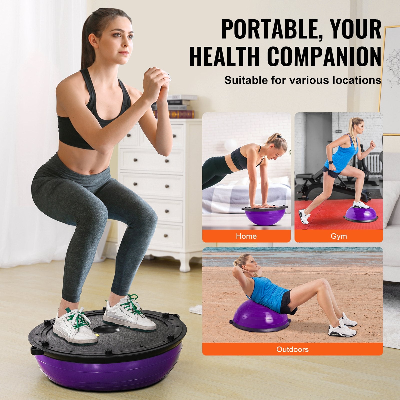 Basketball & Basketball Accessories: VEVOR Half Exercise Ball Trainer, 23 inch Balance Ball Trainer, 660lbs Stability Ball, Yoga Ball with Resistance Bands & Foot Pump, Strength Fitness Ball for Home Gym, Full Body Workout, Purple