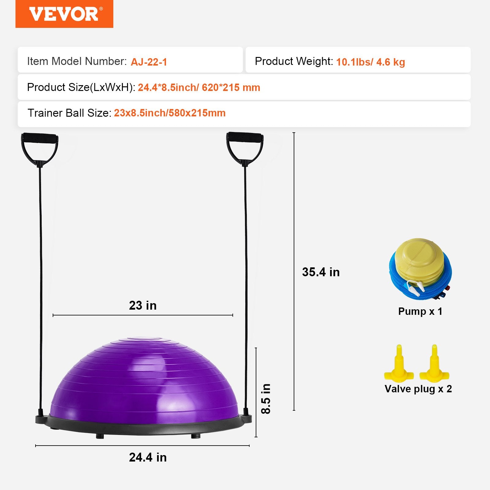Basketball & Basketball Accessories: VEVOR Half Exercise Ball Trainer, 23 inch Balance Ball Trainer, 660lbs Stability Ball, Yoga Ball with Resistance Bands & Foot Pump, Strength Fitness Ball for Home Gym, Full Body Workout, Purple