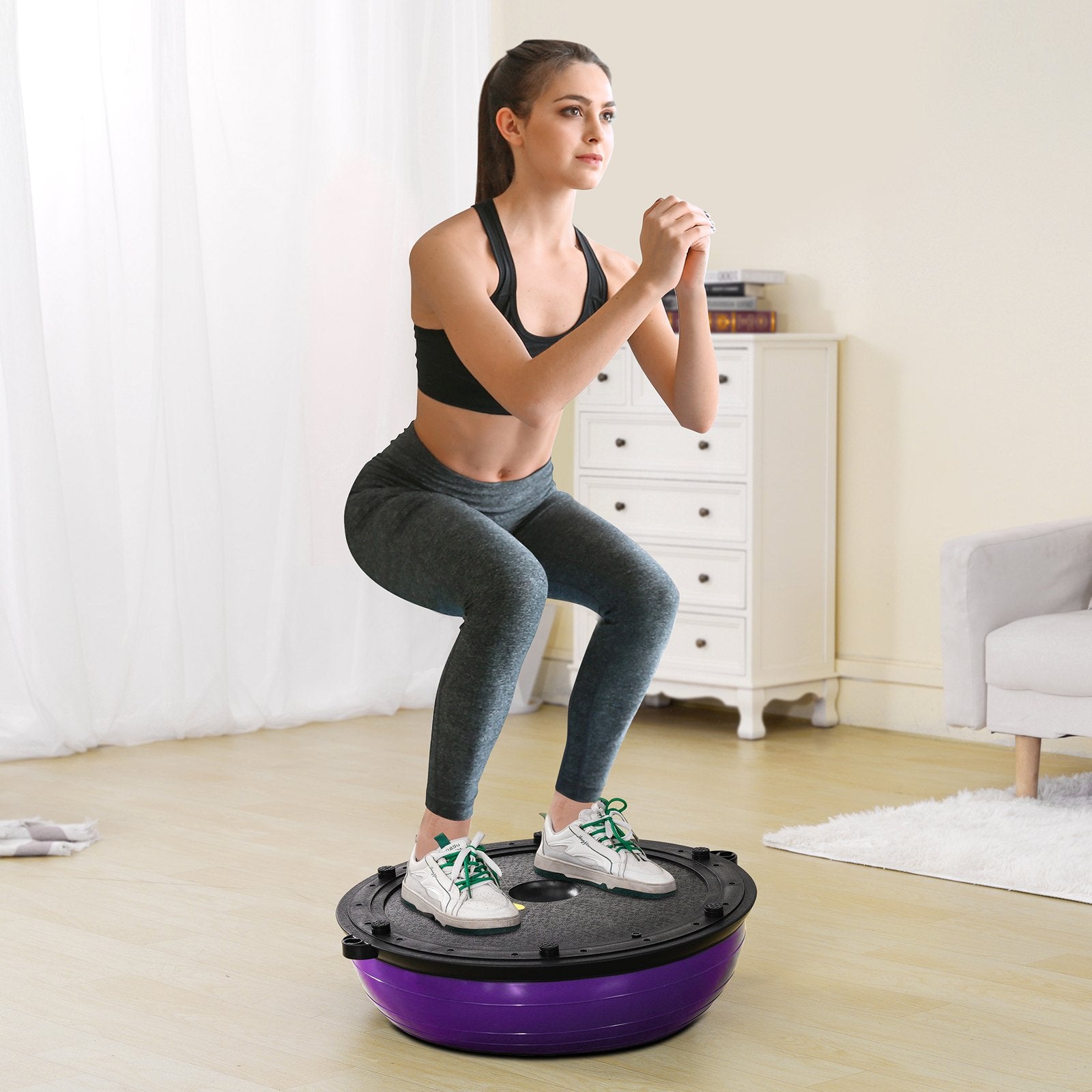 Basketball & Basketball Accessories: VEVOR Half Exercise Ball Trainer, 23 inch Balance Ball Trainer, 660lbs Stability Ball, Yoga Ball with Resistance Bands & Foot Pump, Strength Fitness Ball for Home Gym, Full Body Workout, Purple