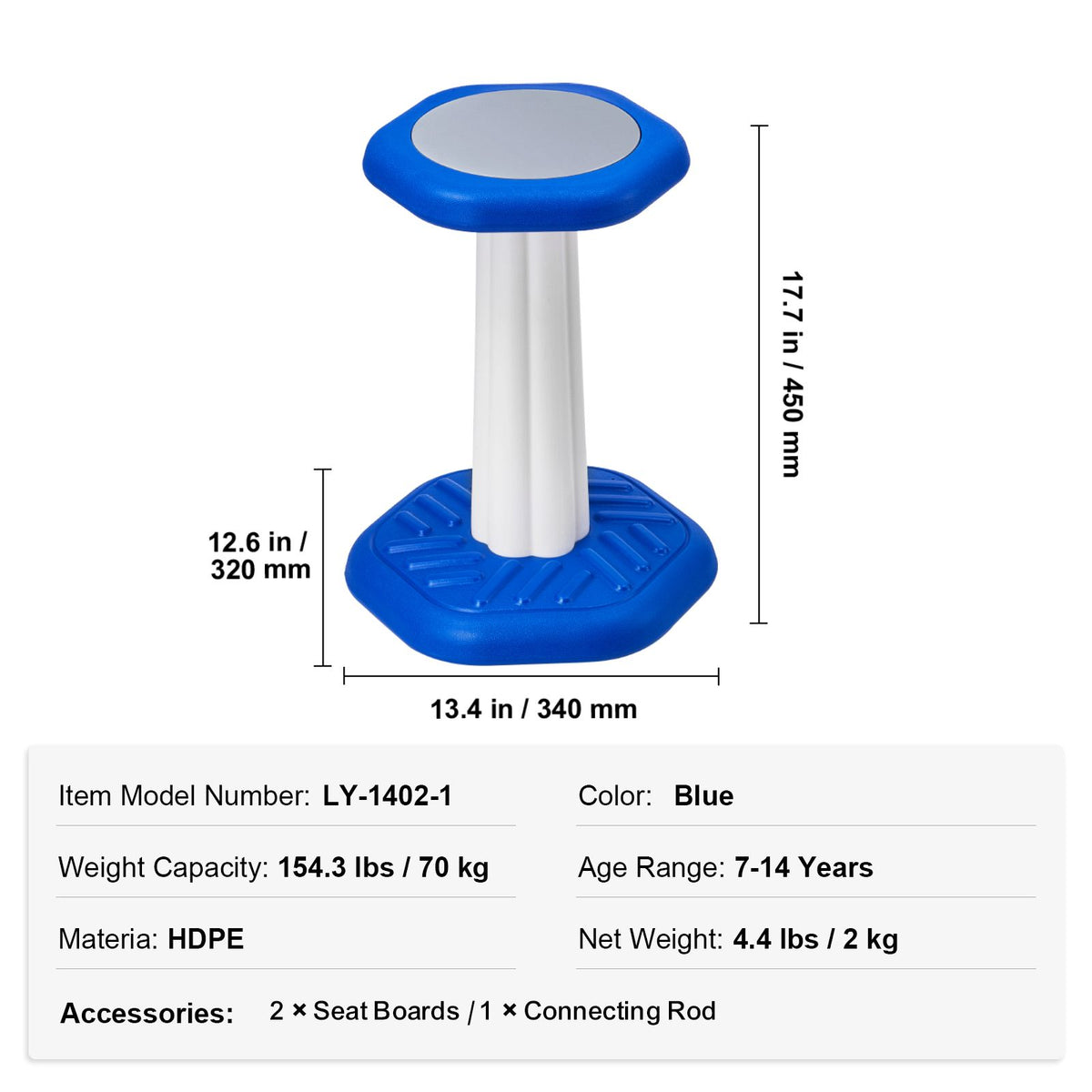 Kids Wobble Chair, Active Chair with Sponge Cushion, Wobble Stool Improves Focus, Posture and Calm Children, Ideal for Schools and Home, Age 7-14, Blue