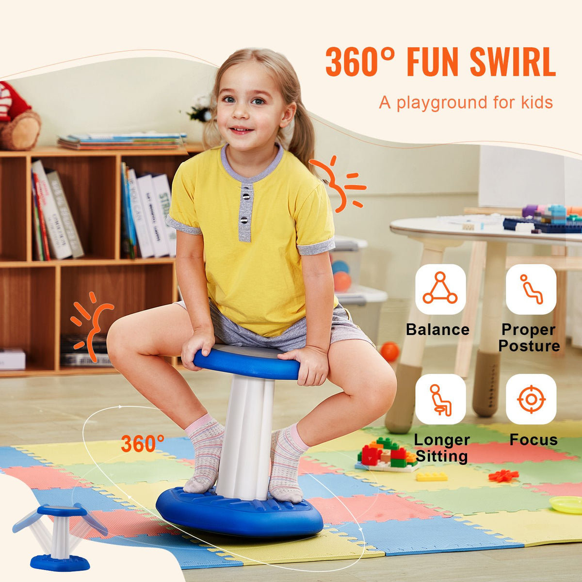 Kids Wobble Chair, Active Chair with Sponge Cushion, Wobble Stool Improves Focus, Posture and Calm Children, Ideal for Schools and Preschools, Age 3-7, Blue