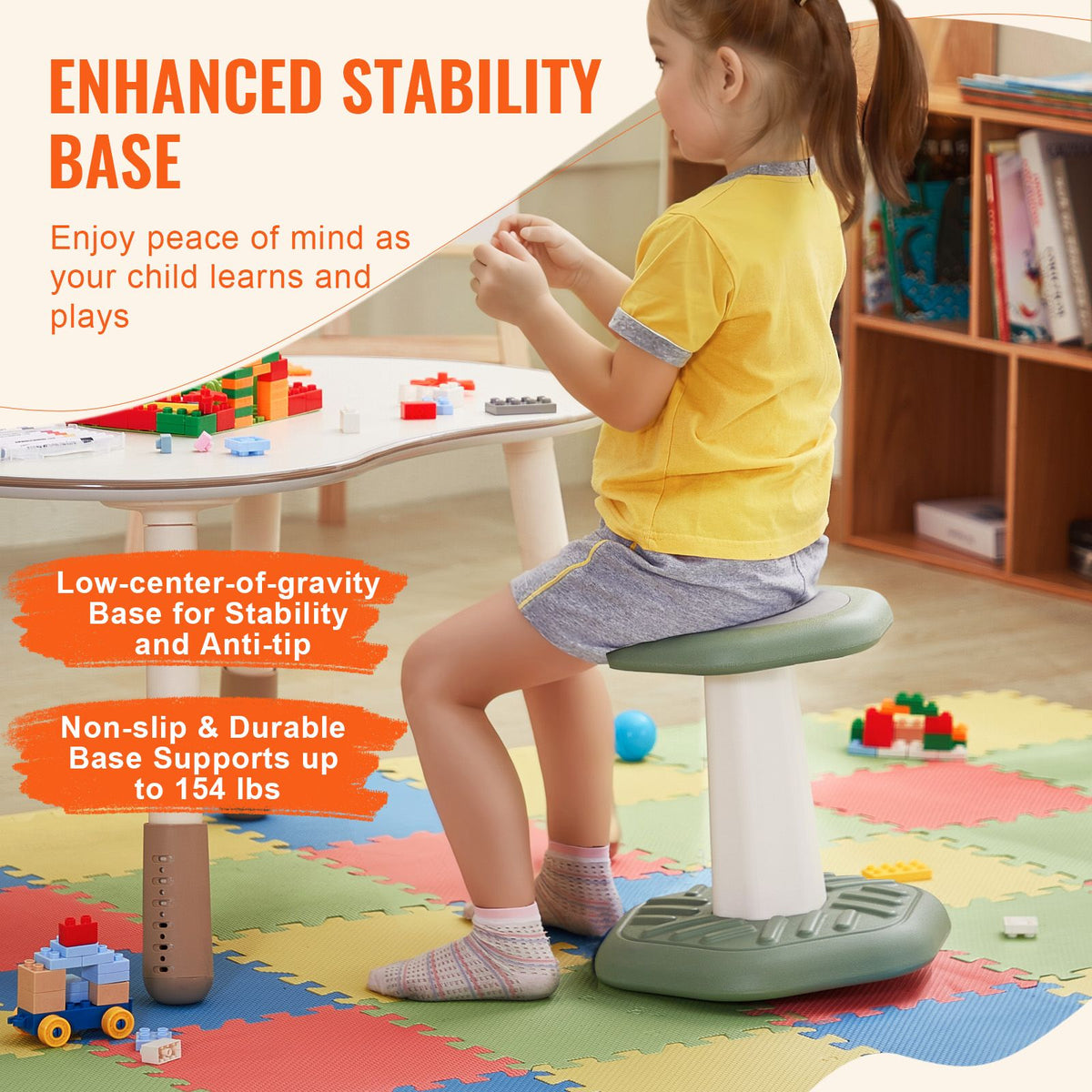 Kids Wobble Chair Active Chair  with Sponge Cushion, Wobble Stool Improves Focus, Posture and Calm Children, Ideal for Schools and Preschools, Age 3-7, Green