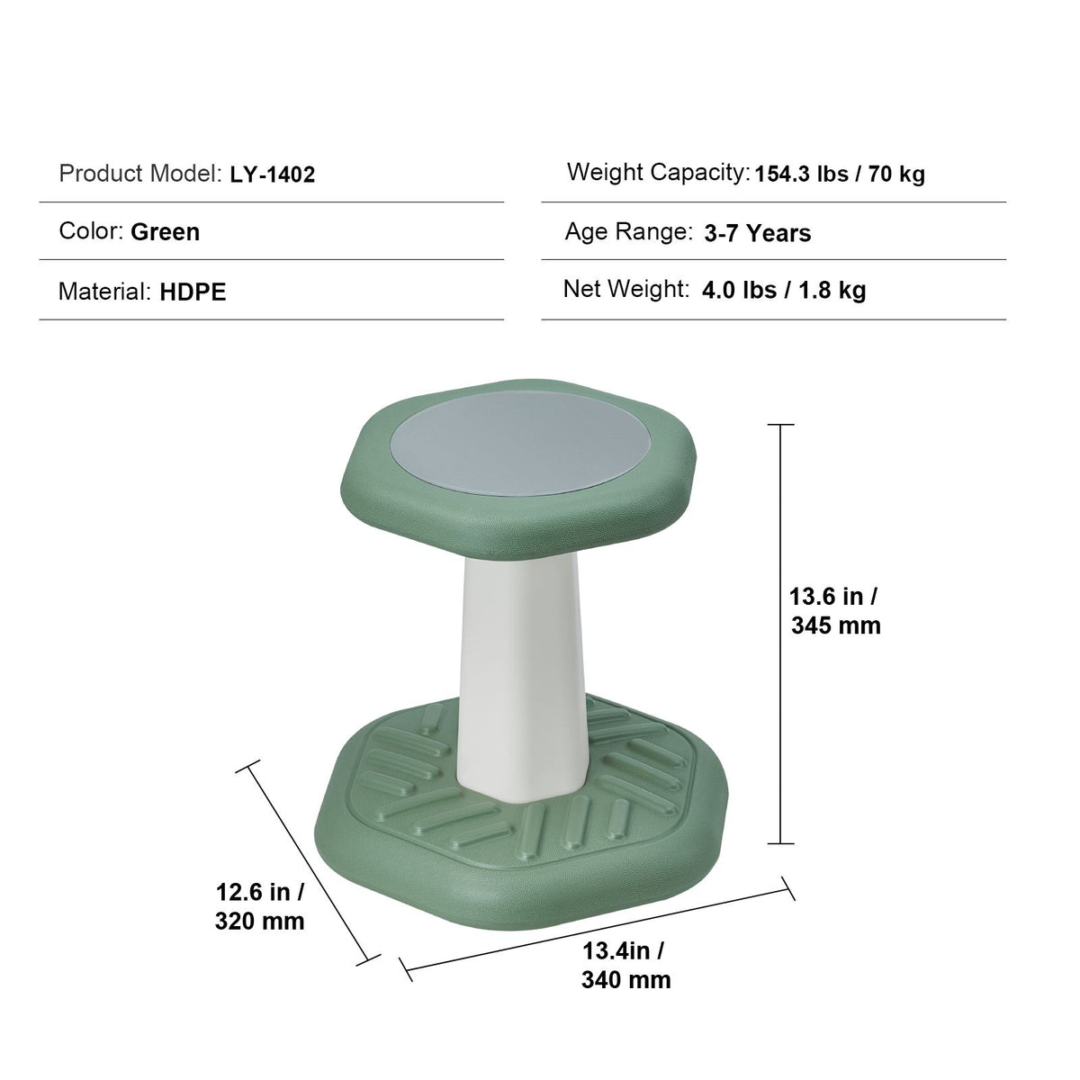 Kids Wobble Chair Active Chair  with Sponge Cushion, Wobble Stool Improves Focus, Posture and Calm Children, Ideal for Schools and Preschools, Age 3-7, Green