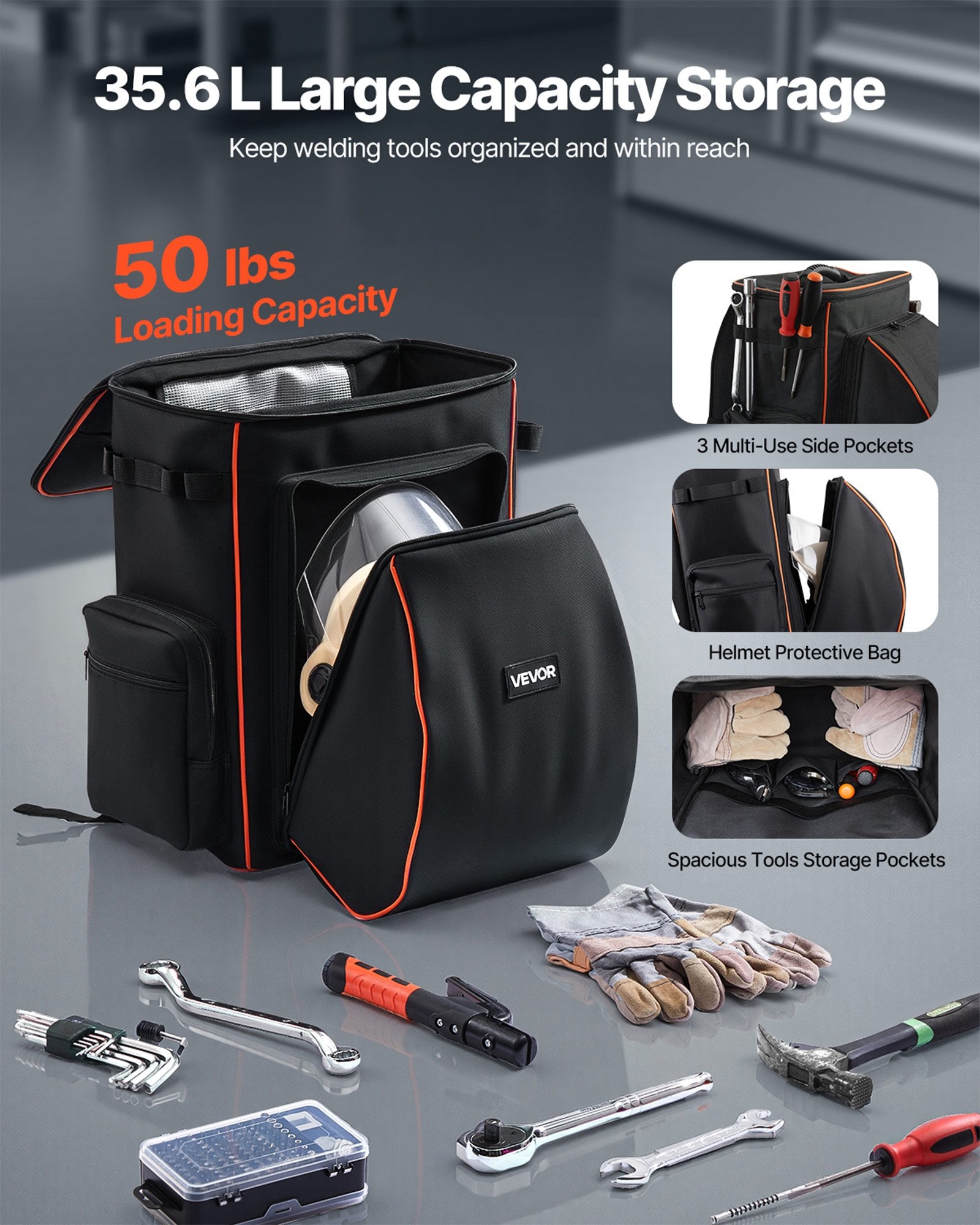 Camp Safety Equipment: VEVOR 35.6L Welding Backpack 600D Polyester Welder Backpack for Tools and Helmet