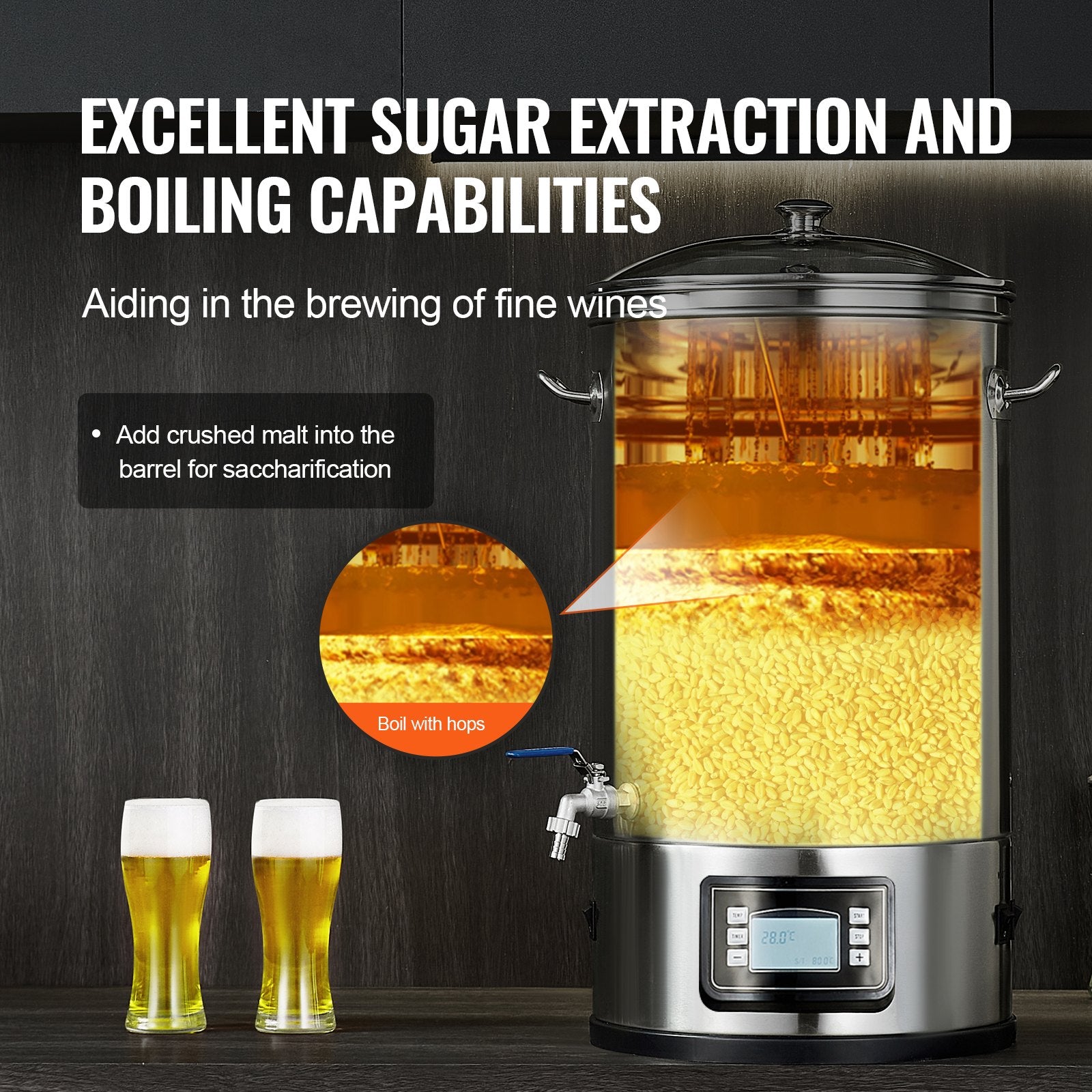 Basketball & Basketball Accessories: VEVOR Electric Brewing System, 8 GALLON Brewing Stock Pot, All-in-One Home Beer Brewer, 304 Stainless Steel Brewing Supplies with Panel, Includes Glass Lid, Handle, Spigot, Electronic Panel Control
