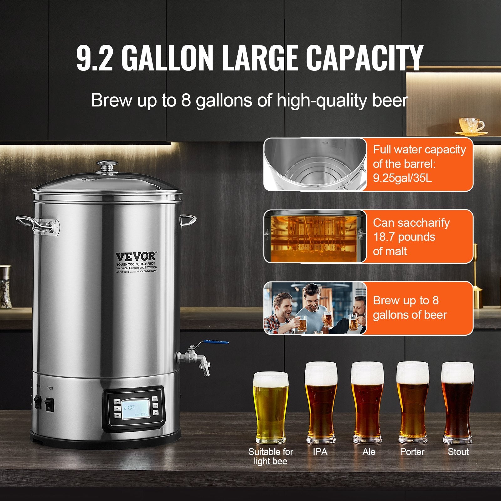 Basketball & Basketball Accessories: VEVOR Electric Brewing System, 8 GALLON Brewing Stock Pot, All-in-One Home Beer Brewer, 304 Stainless Steel Brewing Supplies with Panel, Includes Glass Lid, Handle, Spigot, Electronic Panel Control