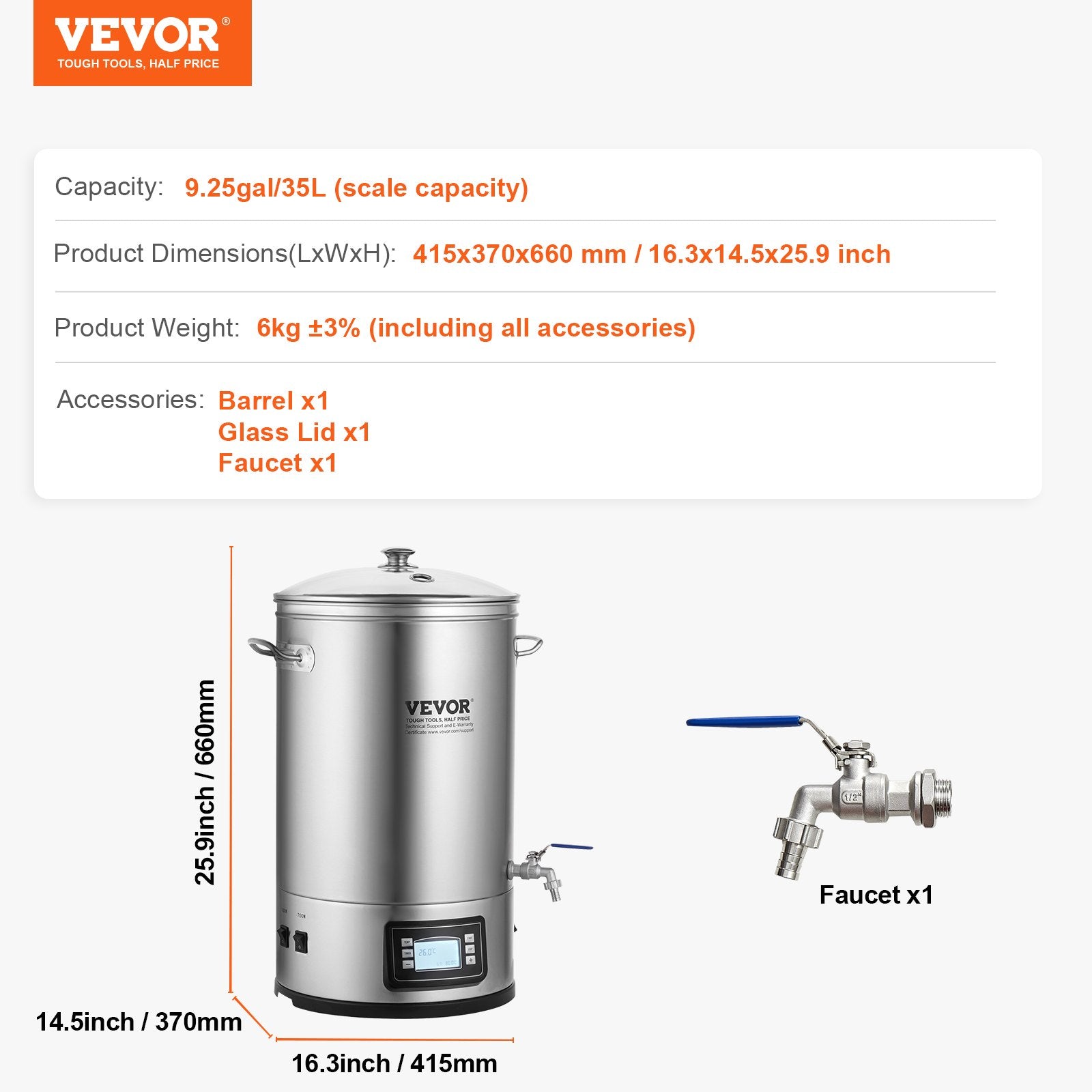 Basketball & Basketball Accessories: VEVOR Electric Brewing System, 8 GALLON Brewing Stock Pot, All-in-One Home Beer Brewer, 304 Stainless Steel Brewing Supplies with Panel, Includes Glass Lid, Handle, Spigot, Electronic Panel Control