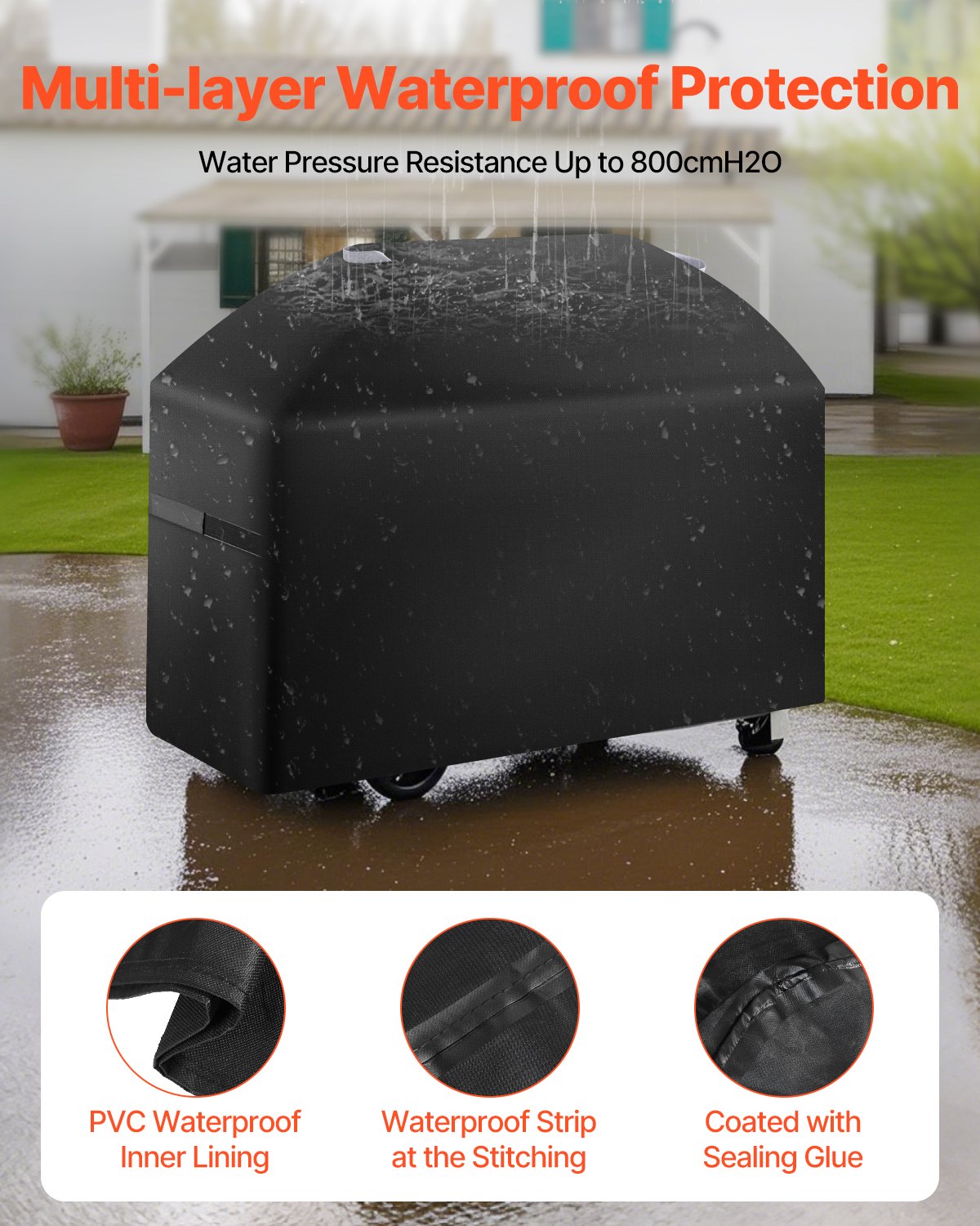 BBQs & Accessories: VEVOR Grill Cover, 63 inch BBQ Covers for Outdoor Grills, Waterproof, Fade Resistant, Weather Resistant Heavy Duty 600D Polyester, Easy On/Off, with Hook-and-Loop Straps, Black