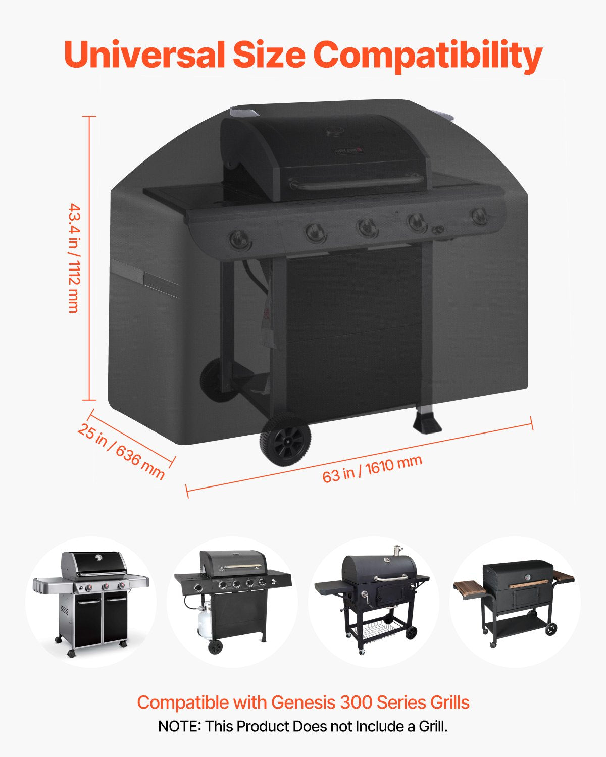 BBQs & Accessories: VEVOR Grill Cover, 63 inch BBQ Covers for Outdoor Grills, Waterproof, Fade Resistant, Weather Resistant Heavy Duty 600D Polyester, Easy On/Off, with Hook-and-Loop Straps, Black