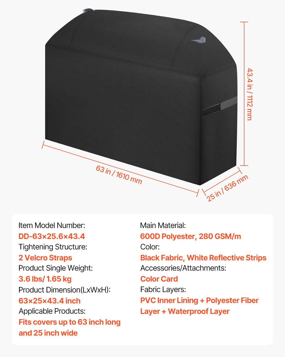 BBQs & Accessories: VEVOR Grill Cover, 63 inch BBQ Covers for Outdoor Grills, Waterproof, Fade Resistant, Weather Resistant Heavy Duty 600D Polyester, Easy On/Off, with Hook-and-Loop Straps, Black