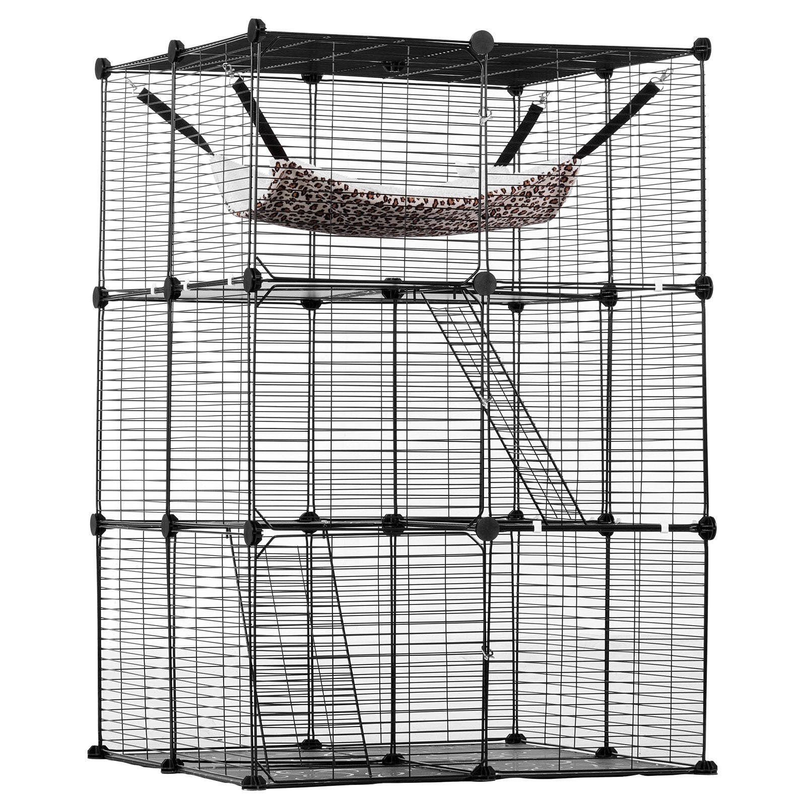 Small Animal Habitats & Cages: VEVOR Large 3-tier Cat Cage, 28 x 28 x 41", DIY Detachable Metal Wire Durable Cat Enclosure, with Large Hammock 2 Ramp Ladders, Fit for Cats Exercise Indoor ＆ Outdoor, Ease of Assembly, Black