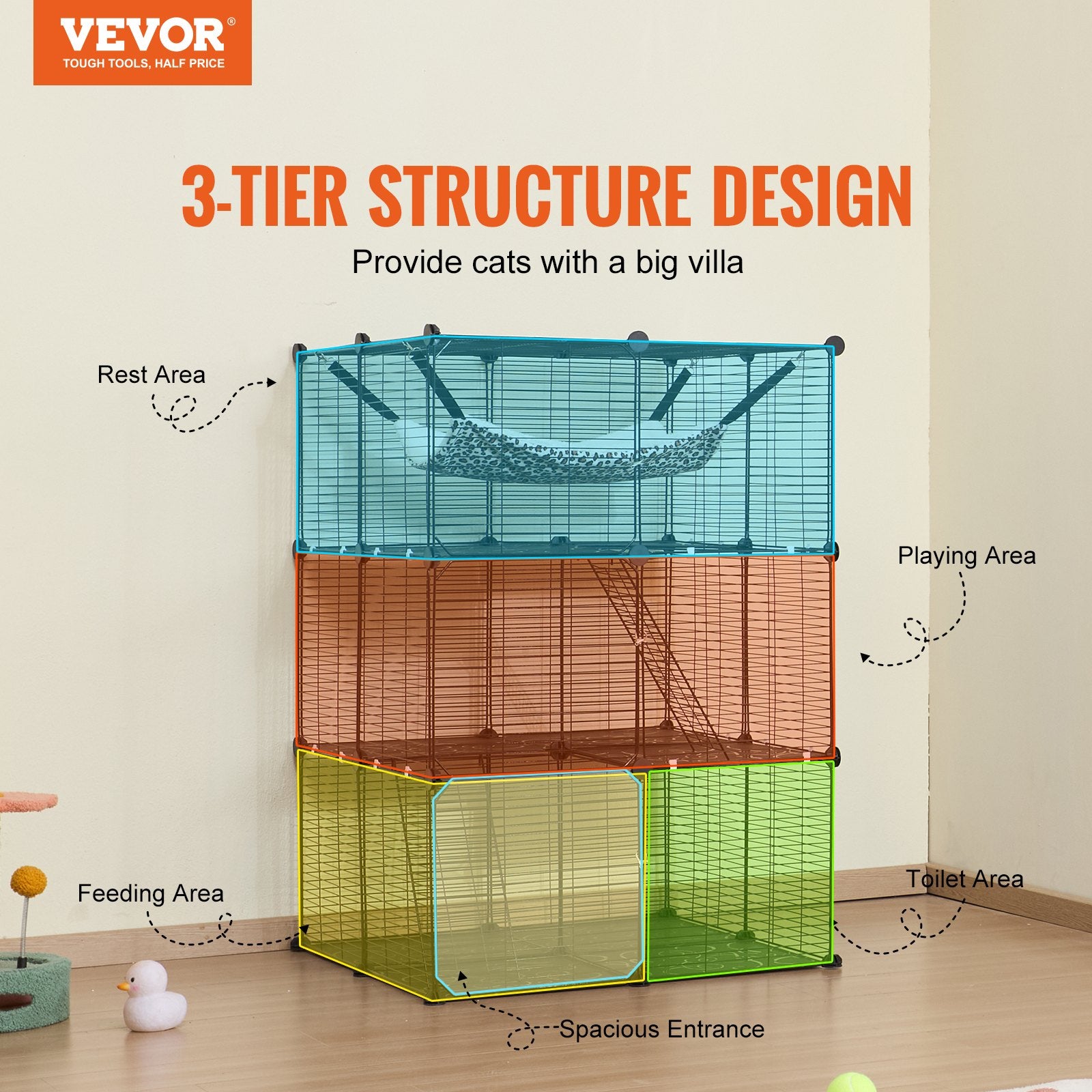 Small Animal Habitats & Cages: VEVOR Large 3-tier Cat Cage, 28 x 28 x 41", DIY Detachable Metal Wire Durable Cat Enclosure, with Large Hammock 2 Ramp Ladders, Fit for Cats Exercise Indoor ＆ Outdoor, Ease of Assembly, Black