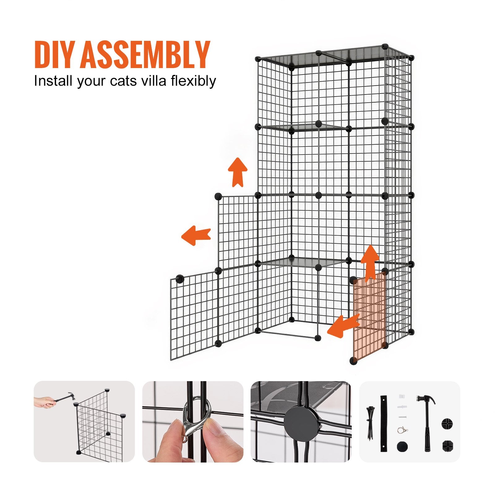 Small Animal Habitats & Cages: VEVOR Large 3-tier Cat Cage, 28 x 28 x 41", DIY Detachable Metal Wire Durable Cat Enclosure, with Large Hammock 2 Ramp Ladders, Fit for Cats Exercise Indoor ＆ Outdoor, Ease of Assembly, Black