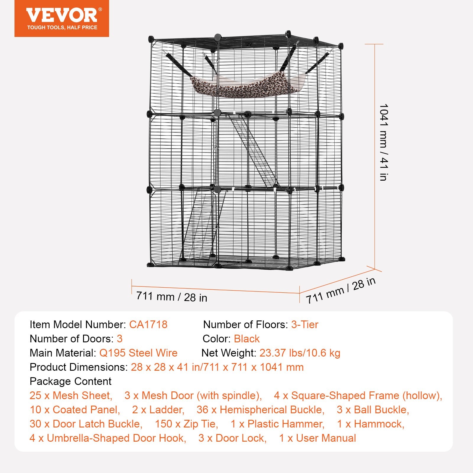 Small Animal Habitats & Cages: VEVOR Large 3-tier Cat Cage, 28 x 28 x 41", DIY Detachable Metal Wire Durable Cat Enclosure, with Large Hammock 2 Ramp Ladders, Fit for Cats Exercise Indoor ＆ Outdoor, Ease of Assembly, Black