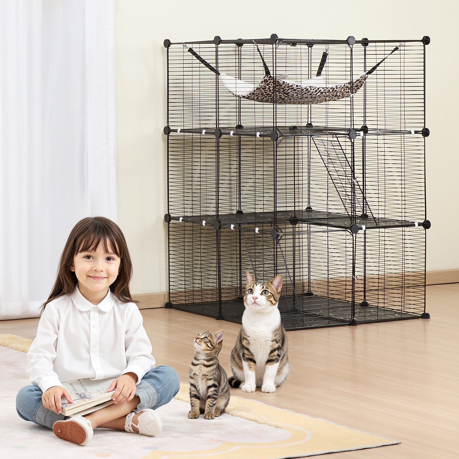 Small Animal Habitats & Cages: VEVOR Large 3-tier Cat Cage, 28 x 28 x 41", DIY Detachable Metal Wire Durable Cat Enclosure, with Large Hammock 2 Ramp Ladders, Fit for Cats Exercise Indoor ＆ Outdoor, Ease of Assembly, Black