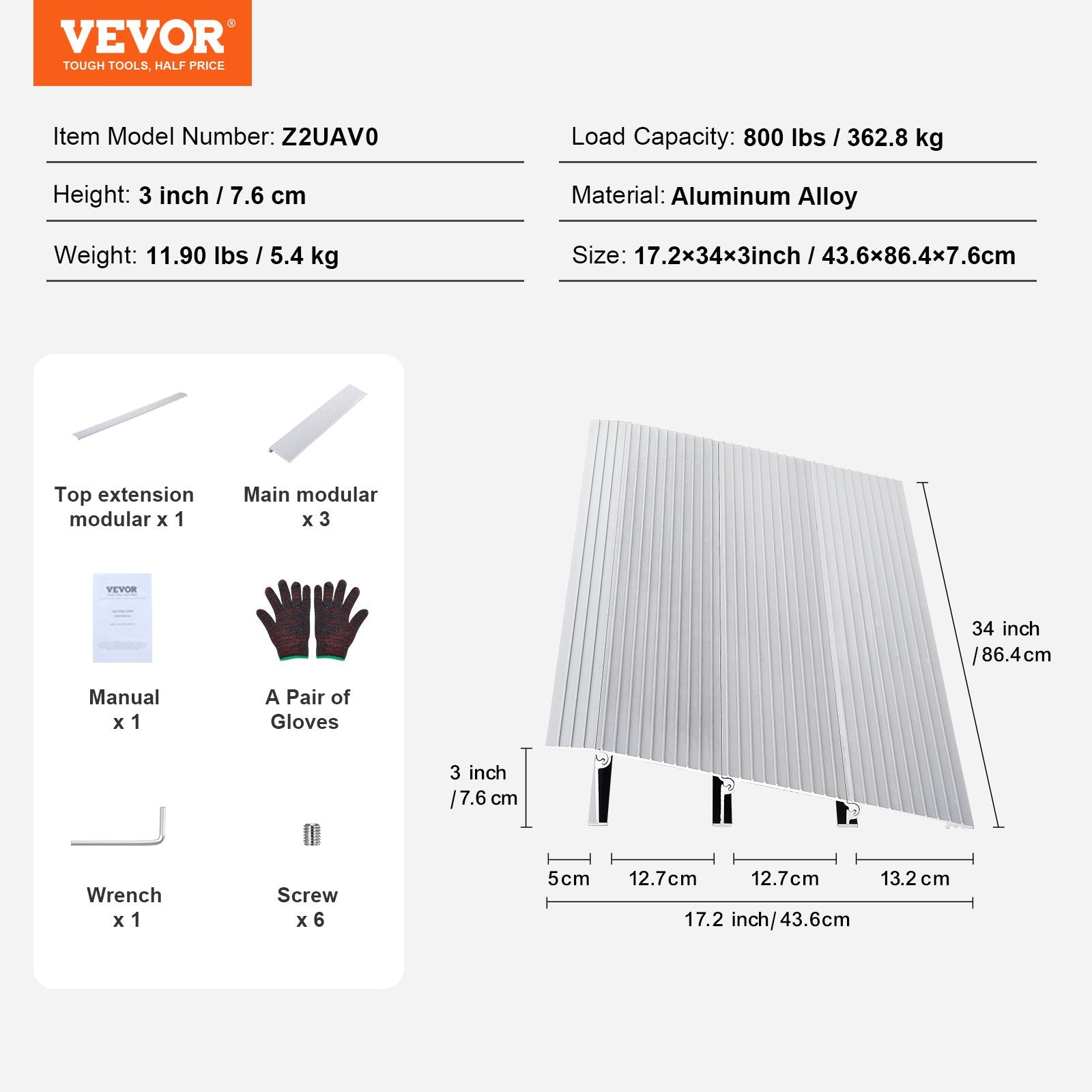 Door Threshold Ramp, 3" Rise, 800 lbs Load Capacity, Door Ramp for Wheelchairs, Aluminum Threshold Ramp for Doorways, Adjustable Modular Threshold Ramp for Wheelchairs, Scooters, Power Chairs