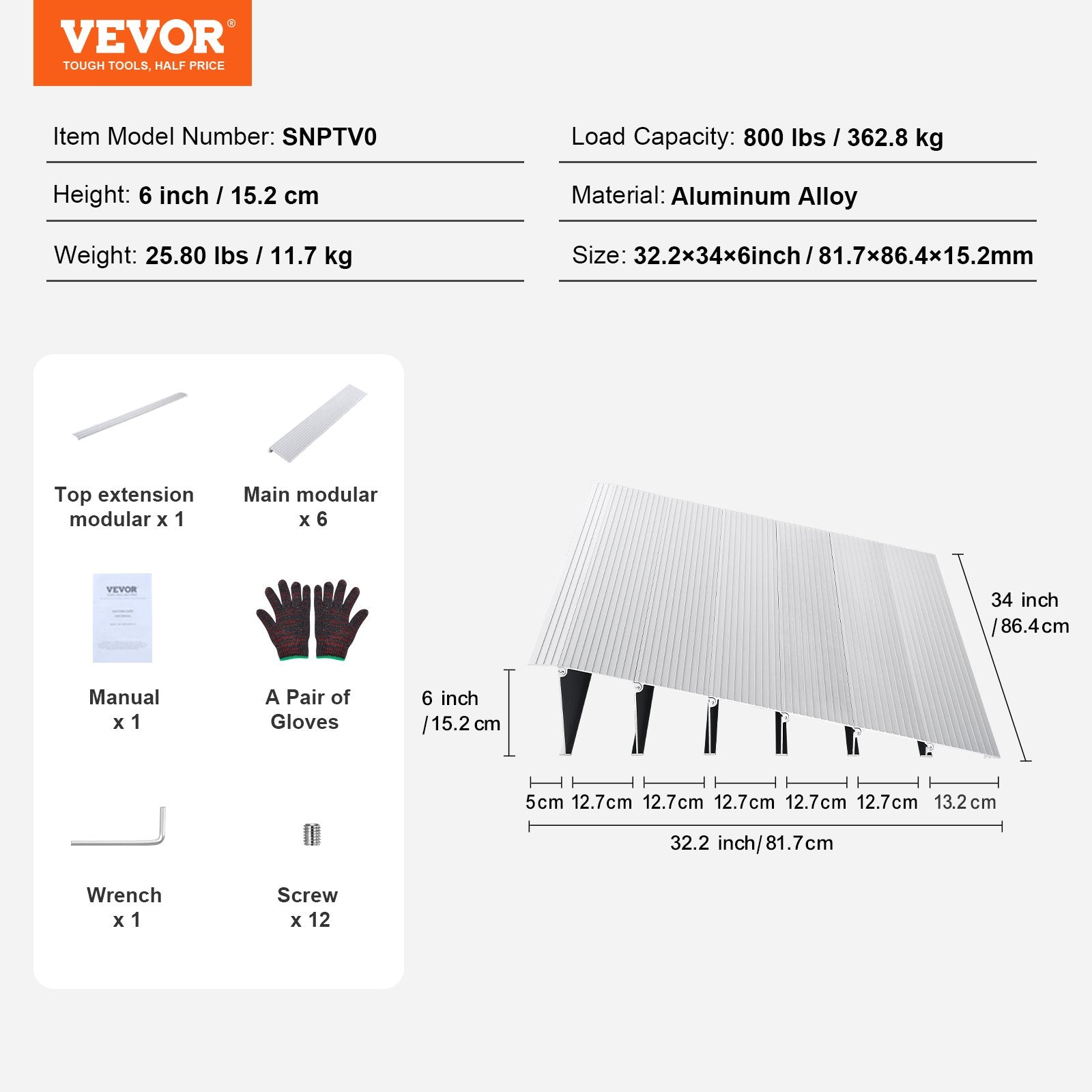 Door Threshold Ramp, 6" Rise, 800 lbs Load Capacity, Door Ramp for Wheelchairs, Aluminum Threshold Ramp for Doorways, Adjustable Modular Threshold Ramp for Wheelchairs, Scooters, Power Chairs