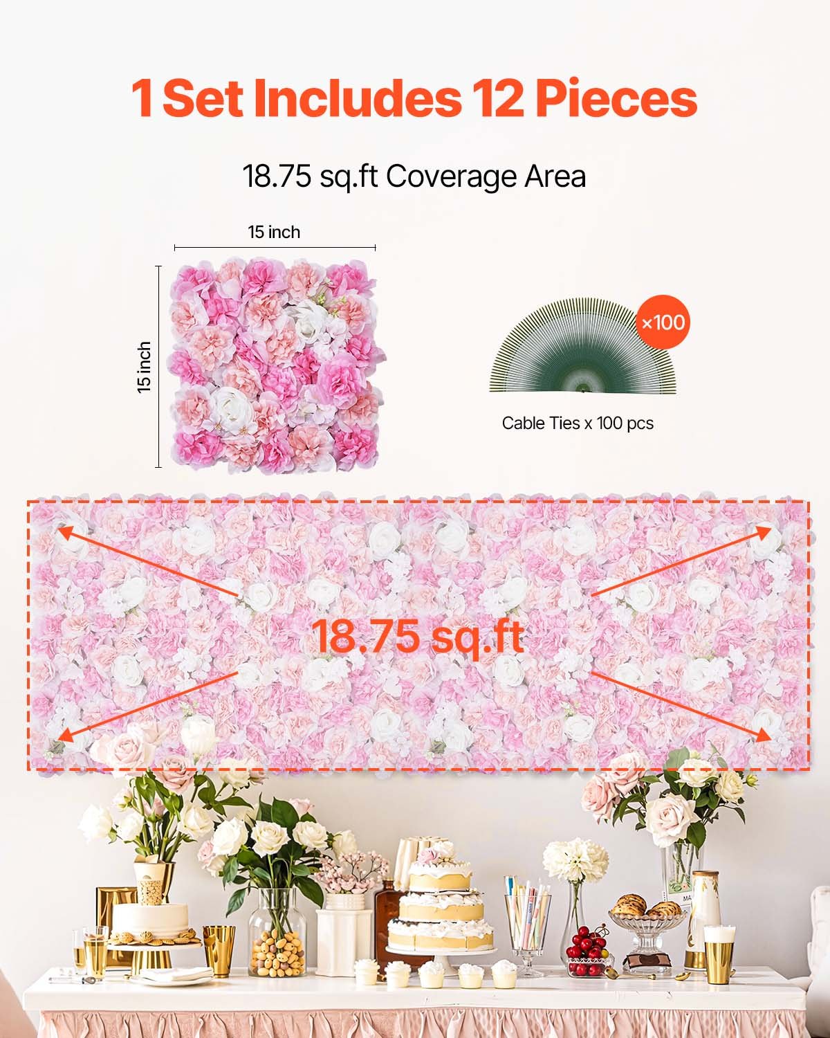 Canopies & Gazebos: VEVOR 3D Flower Wall Panel, 12 PCS 15 x 15 inch, Artificial Floral Wall Background Mesh Backing Mat,Seamless Design&Easy Installation for Wedding Valentines Day Home Baby Party Backdrop Decor,Pink