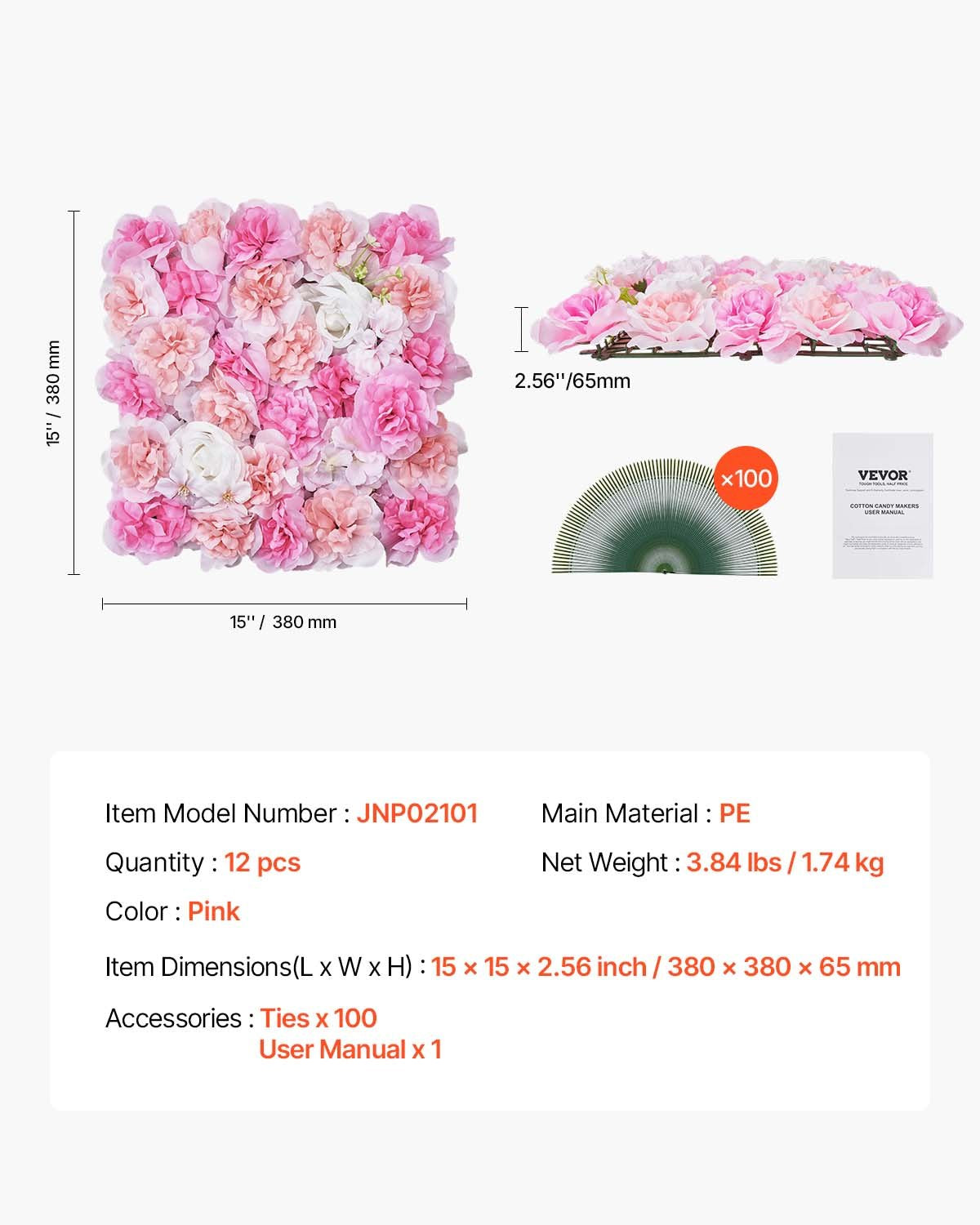 Canopies & Gazebos: VEVOR 3D Flower Wall Panel, 12 PCS 15 x 15 inch, Artificial Floral Wall Background Mesh Backing Mat,Seamless Design&Easy Installation for Wedding Valentines Day Home Baby Party Backdrop Decor,Pink
