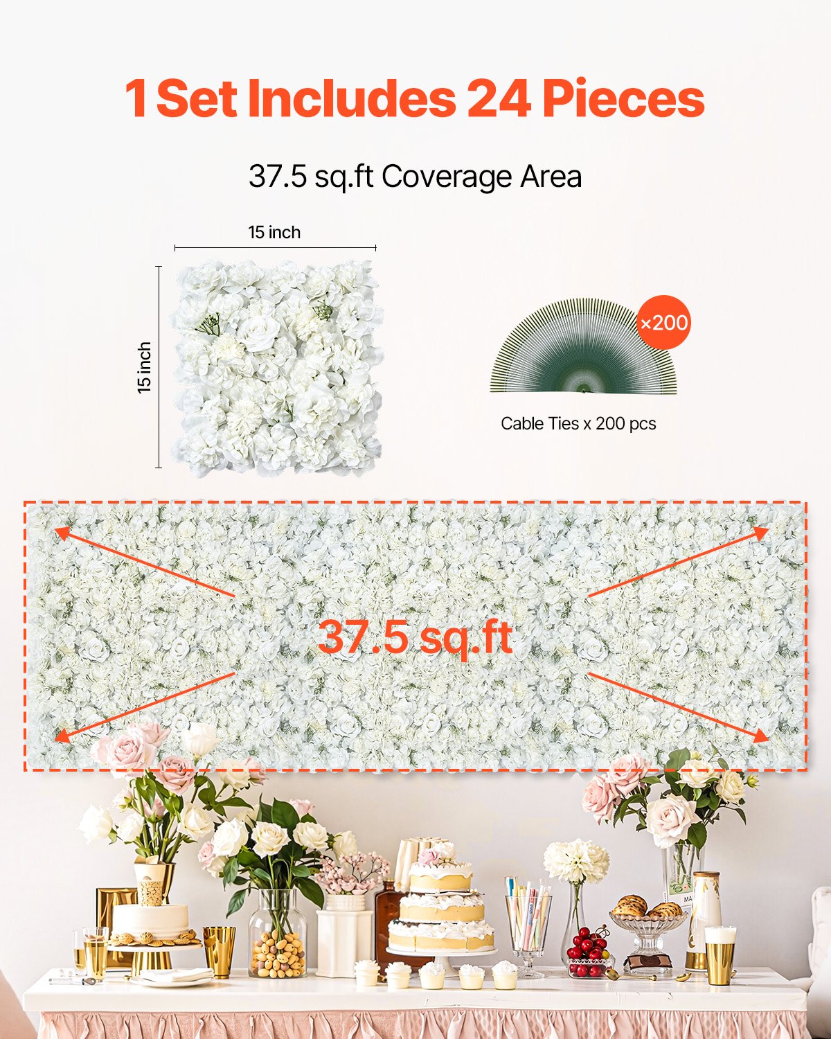 Canopies & Gazebos: VEVOR 3D Flower Wall Panel, 24 PCS 15 x 15 inch, Artificial Floral Wall Background Mesh Backing Mat,Seamless Design&Easy Installation for Wedding Valentines Day Home Baby Party Backdrop Decor,White