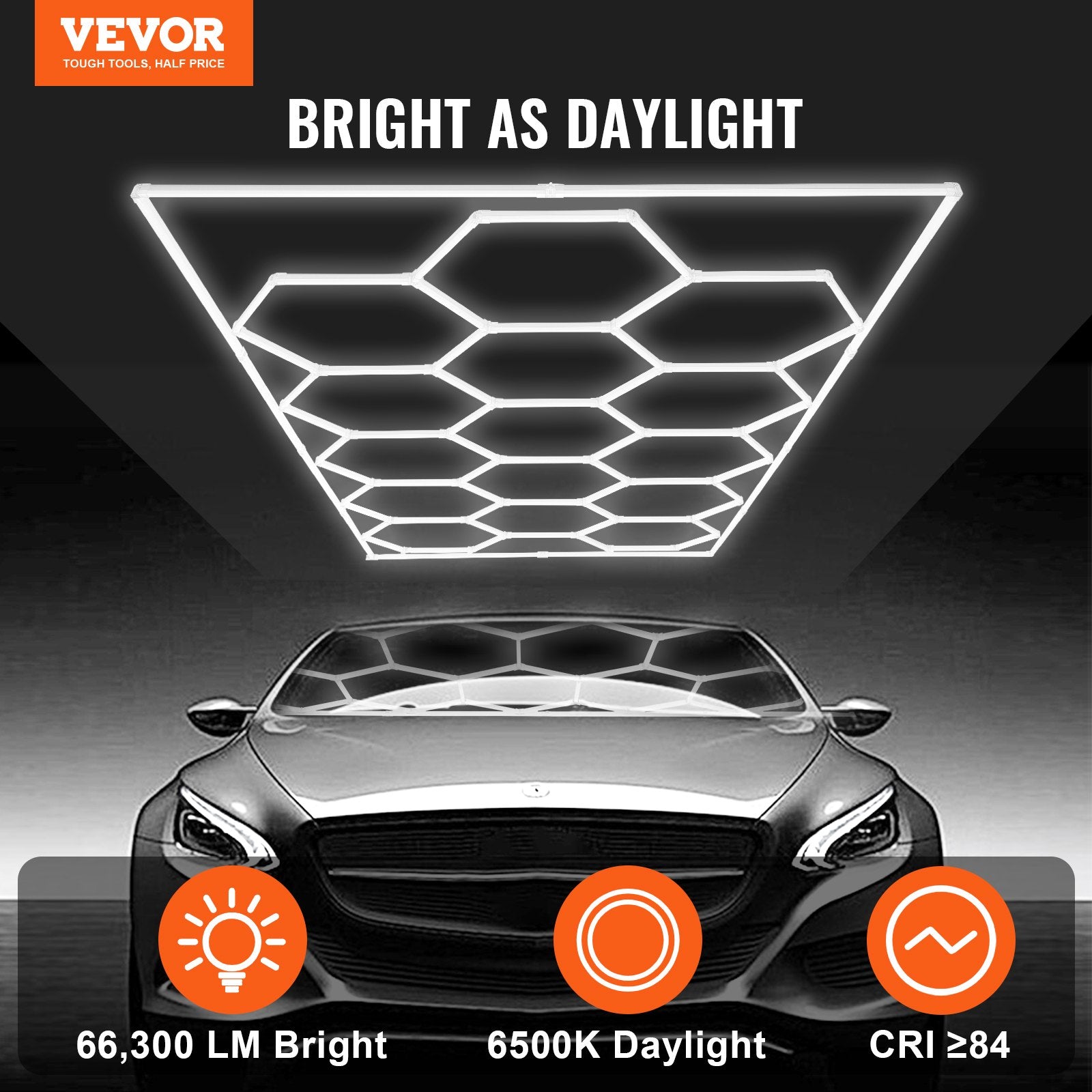 Automotive Repair & Speciality Tools: VEVOR Hexagon Garage Lights 66300LM 15 Grids Honeycomb LED Shop Ceiling Light