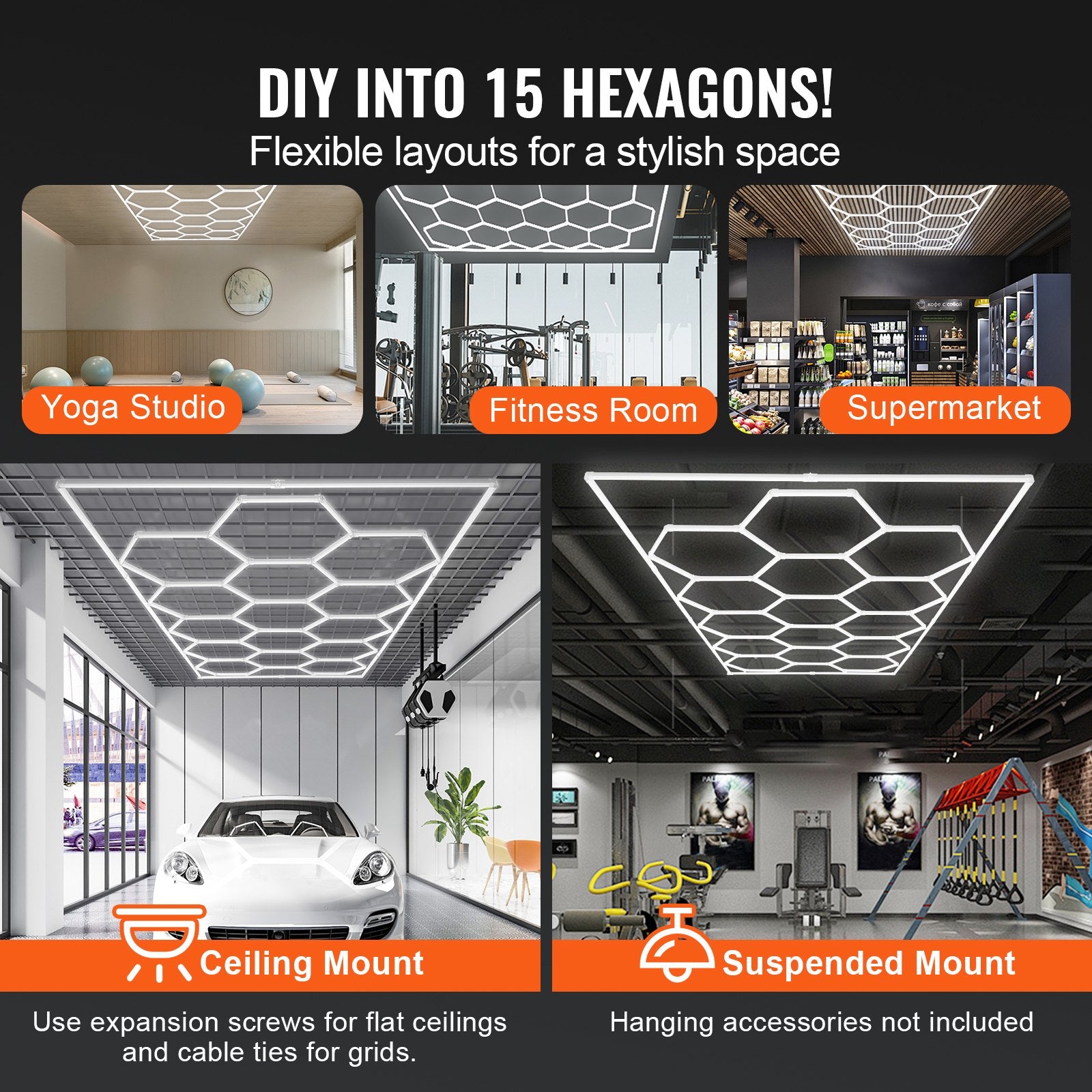 Automotive Repair & Speciality Tools: VEVOR Hexagon Garage Lights 66300LM 15 Grids Honeycomb LED Shop Ceiling Light