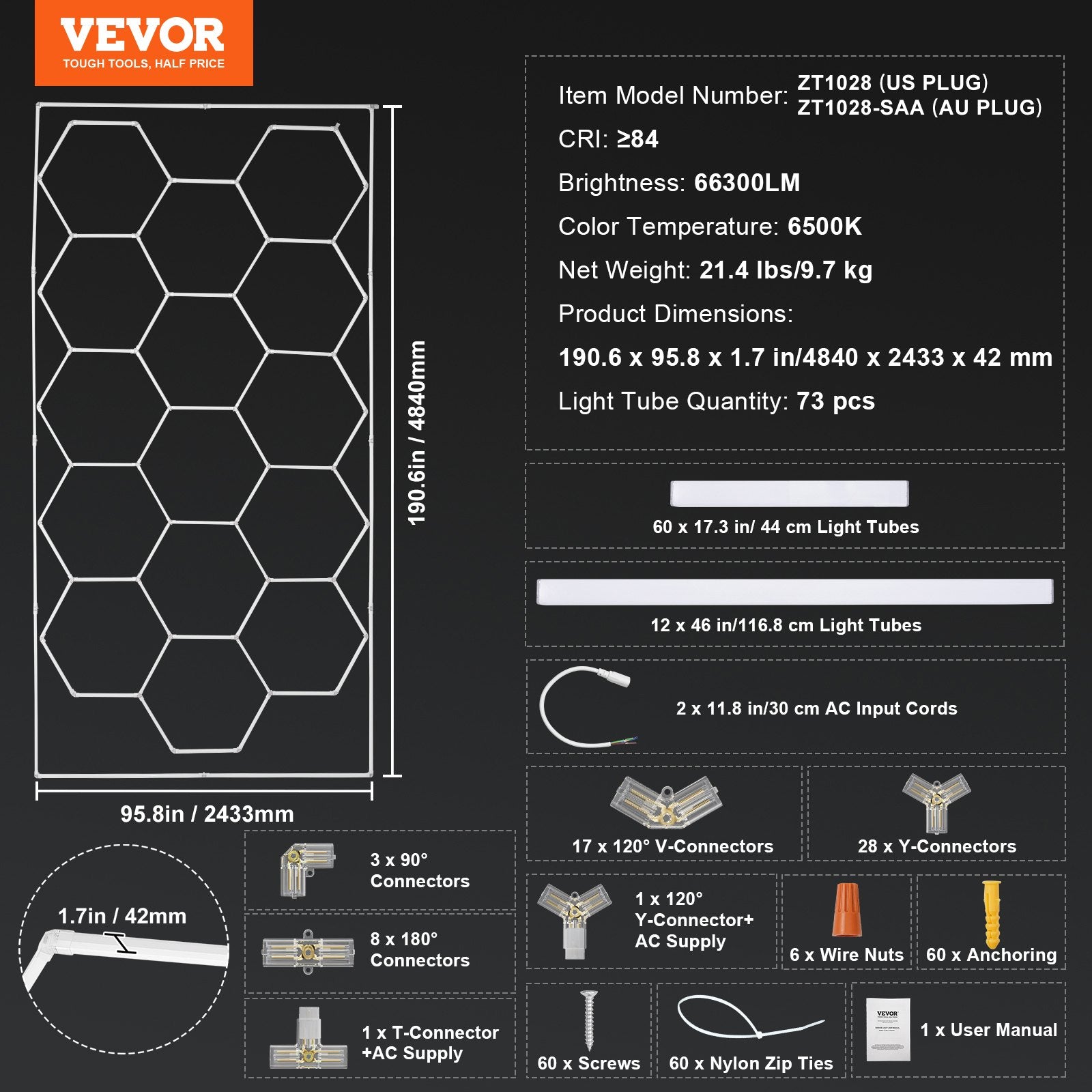 Automotive Repair & Speciality Tools: VEVOR Hexagon Garage Lights 66300LM 15 Grids Honeycomb LED Shop Ceiling Light