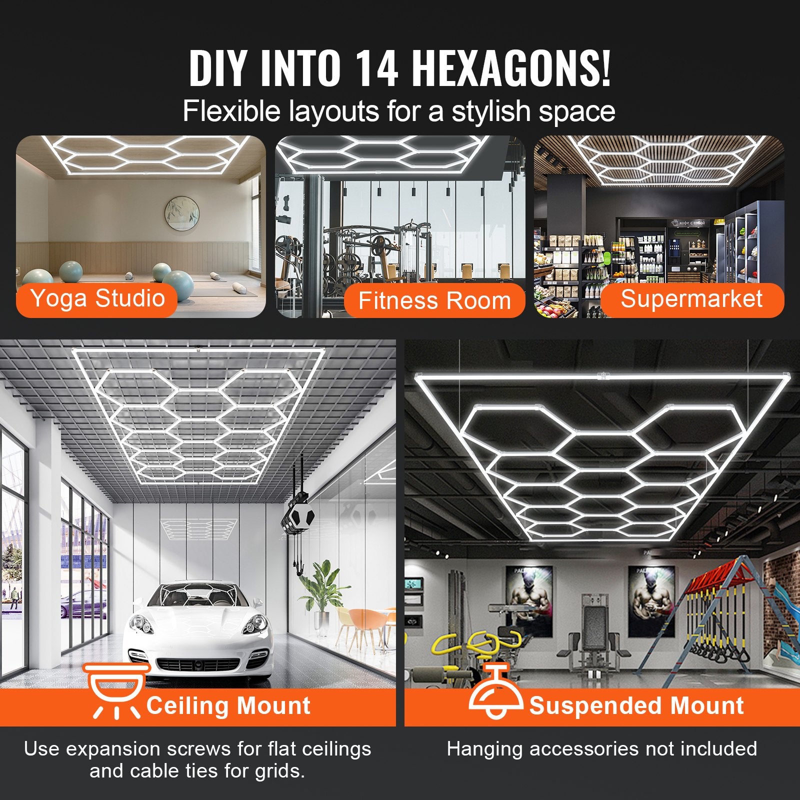 Night Lights & Ambient Lighting: VEVOR Hexagon Garage Lights 86400LM 5 Grid Honeycomb LED Shop Ceiling Light