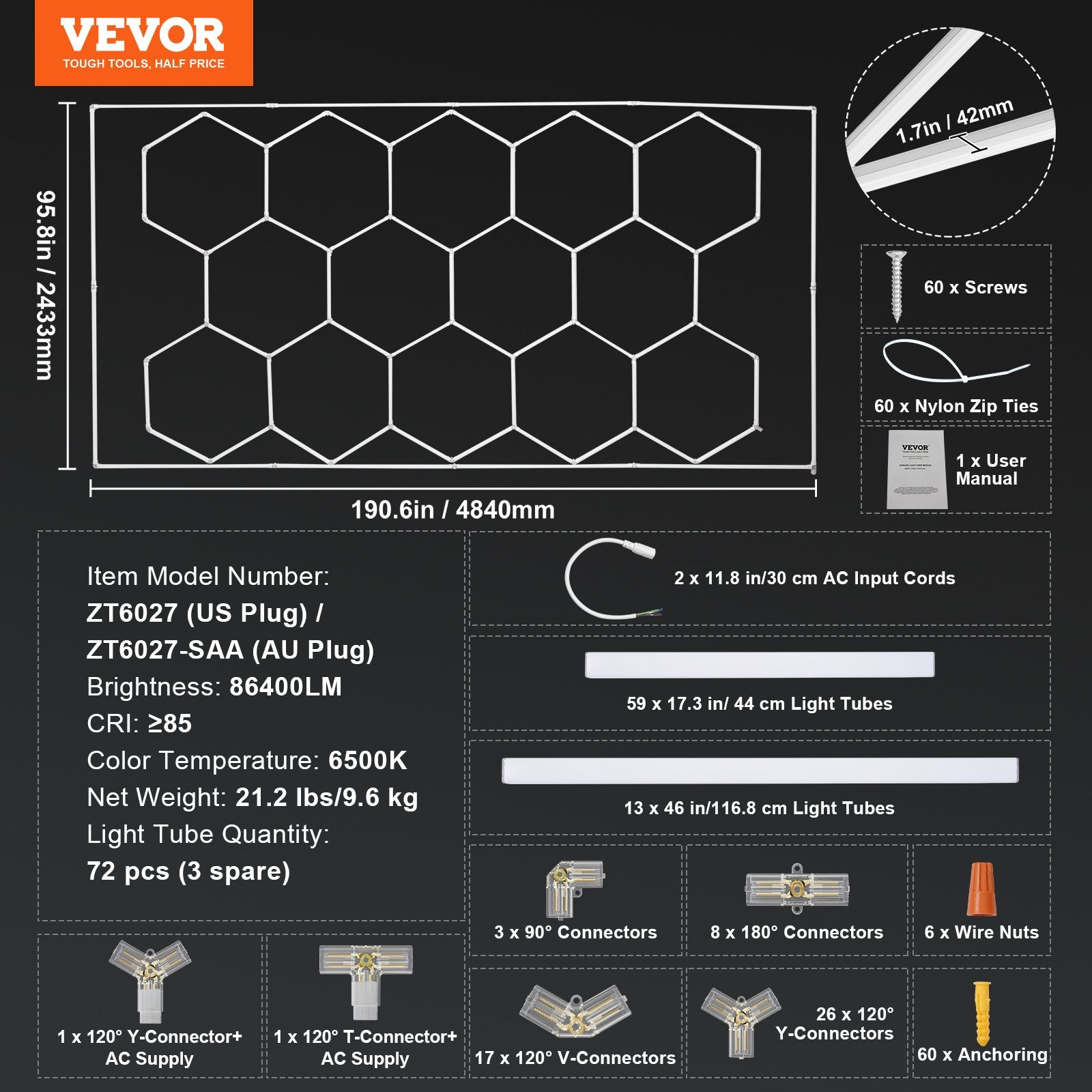Night Lights & Ambient Lighting: VEVOR Hexagon Garage Lights 86400LM 5 Grid Honeycomb LED Shop Ceiling Light