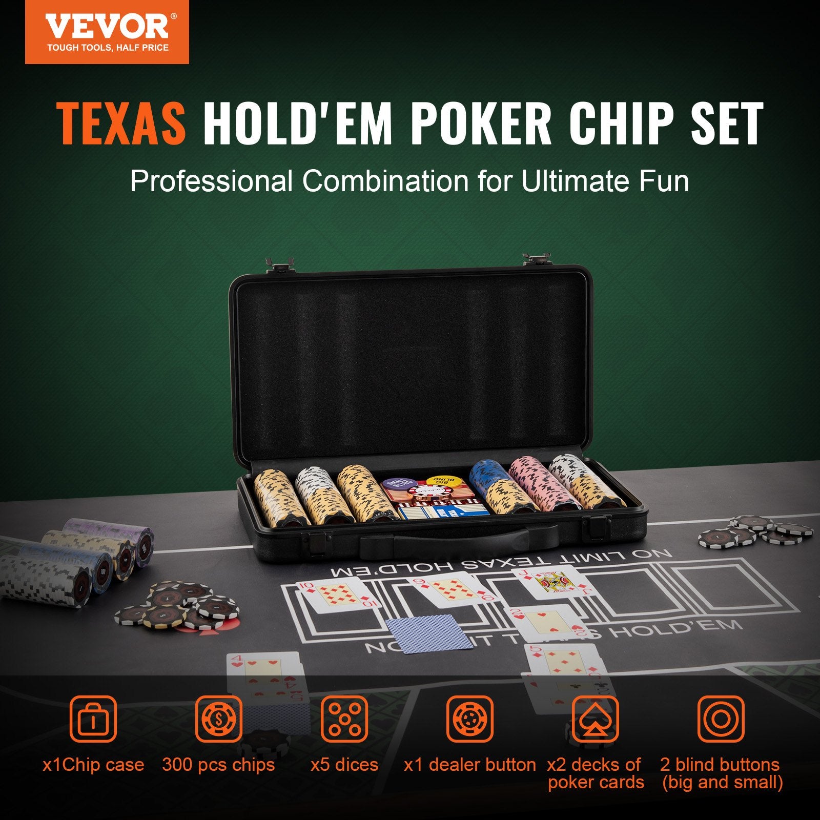 Card Games: VEVOR Poker Chip Set, 300-Piece Poker Set, Complete Poker Playing Game Set with Carrying  Case, Heavyweight 14 Gram Casino Clay Chips, Cards, Buttons and Dices, for Texas Hold'em, Blackjack, Gambling