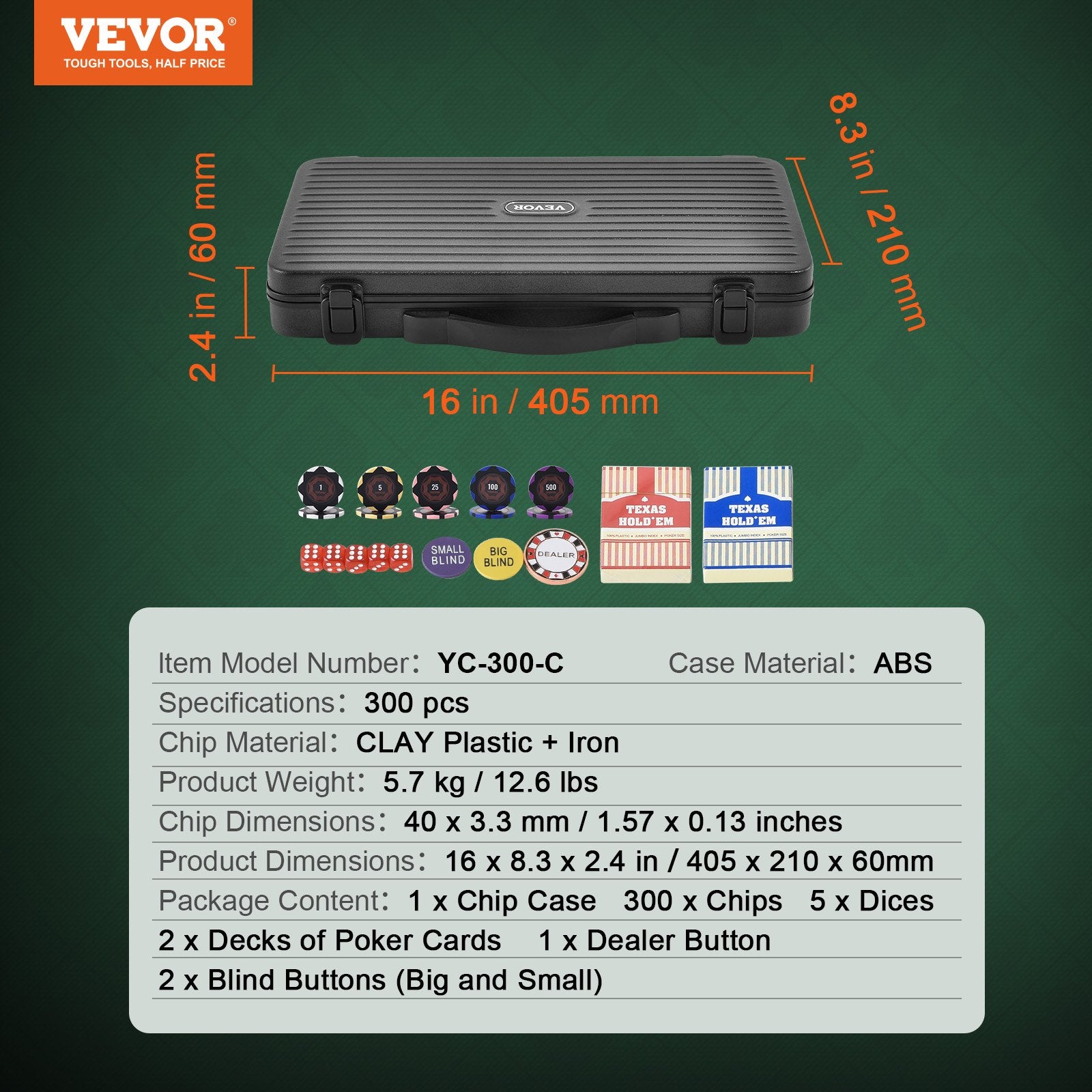 Card Games: VEVOR Poker Chip Set, 300-Piece Poker Set, Complete Poker Playing Game Set with Carrying  Case, Heavyweight 14 Gram Casino Clay Chips, Cards, Buttons and Dices, for Texas Hold'em, Blackjack, Gambling