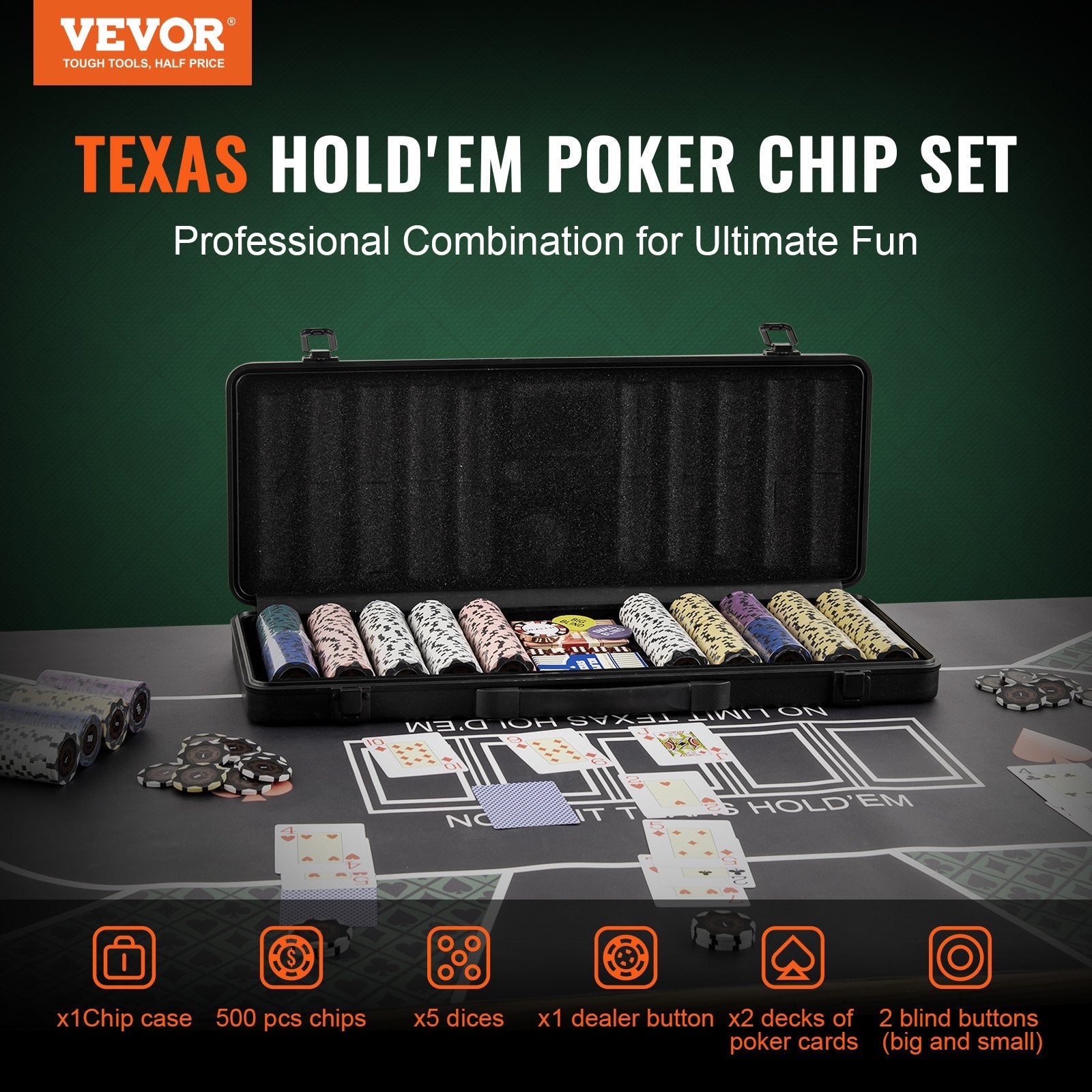Card Games: VEVOR Poker Chip Set, 500-Piece Poker Set, Complete Poker Playing Game Set with Carrying  Case, Heavyweight 14 Gram Casino Clay Chips, Cards, Buttons and Dices, for Texas Hold'em, Blackjack, Gambling