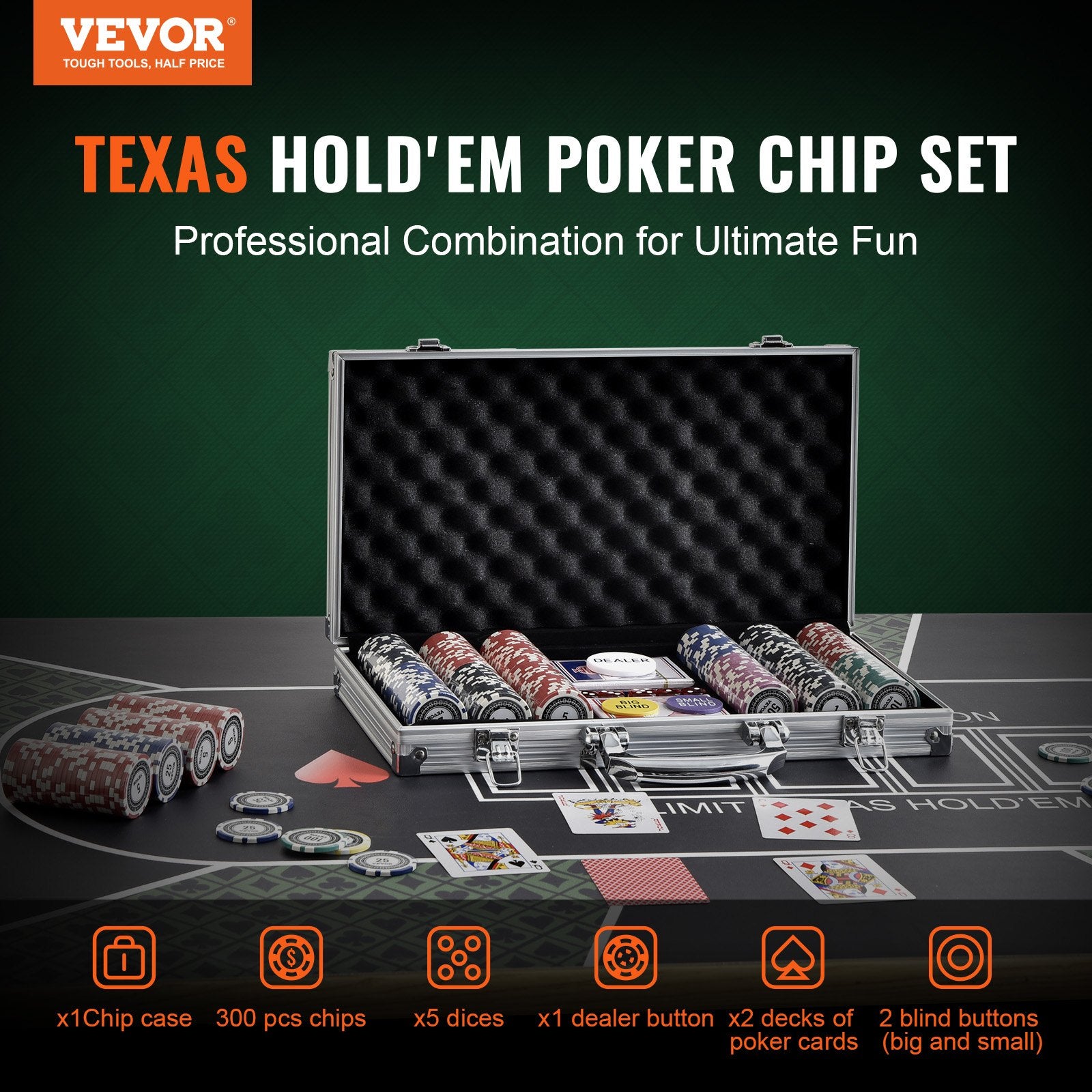 Card Games: VEVOR Poker Chip Set, 300-Piece Poker Set, Complete Poker Playing Game Set with Aluminum Carrying  Case, 11.5 Gram Casino Chips, Cards, Buttons and Dices, for Texas Hold'em, Blackjack, Gambling