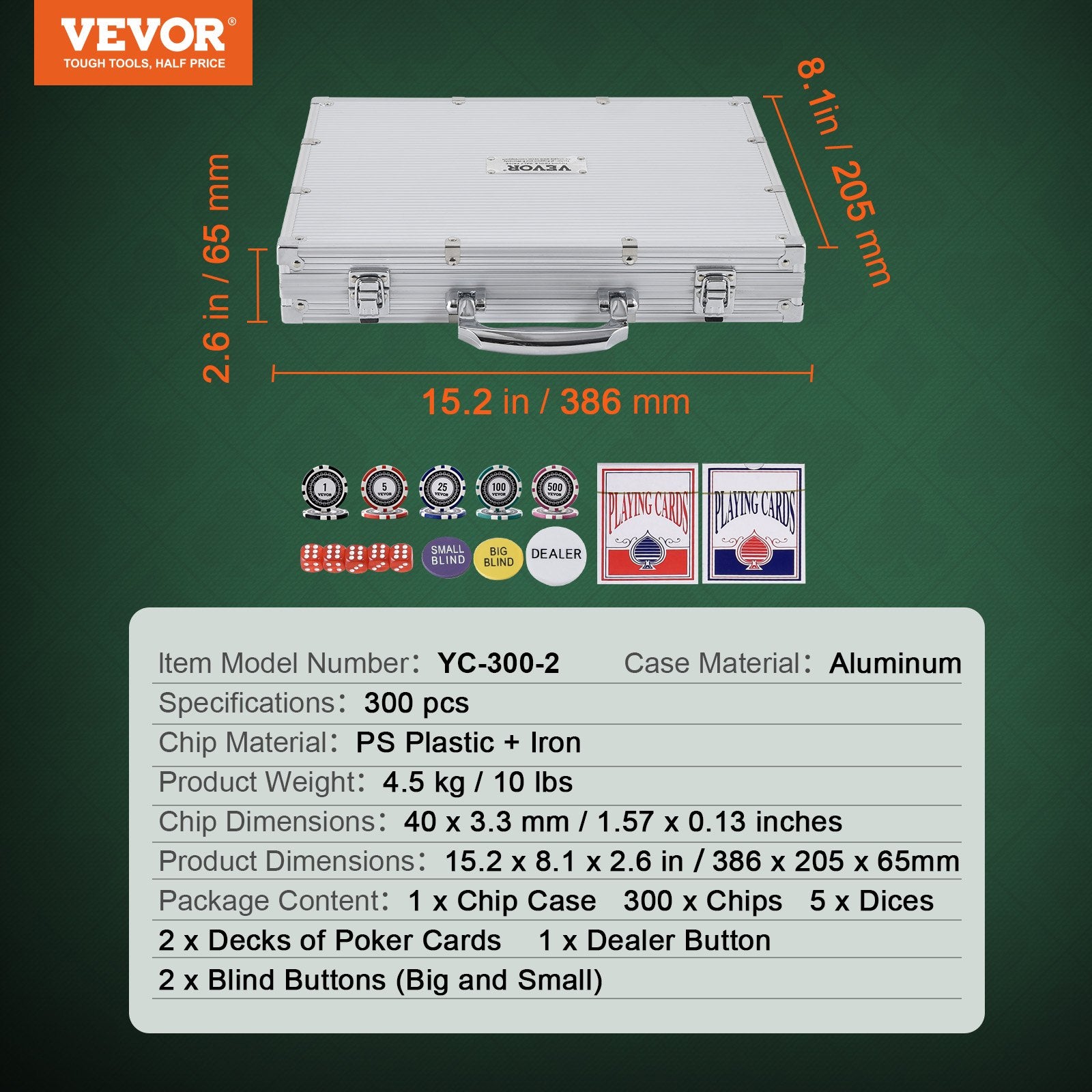 Card Games: VEVOR Poker Chip Set, 300-Piece Poker Set, Complete Poker Playing Game Set with Aluminum Carrying  Case, 11.5 Gram Casino Chips, Cards, Buttons and Dices, for Texas Hold'em, Blackjack, Gambling