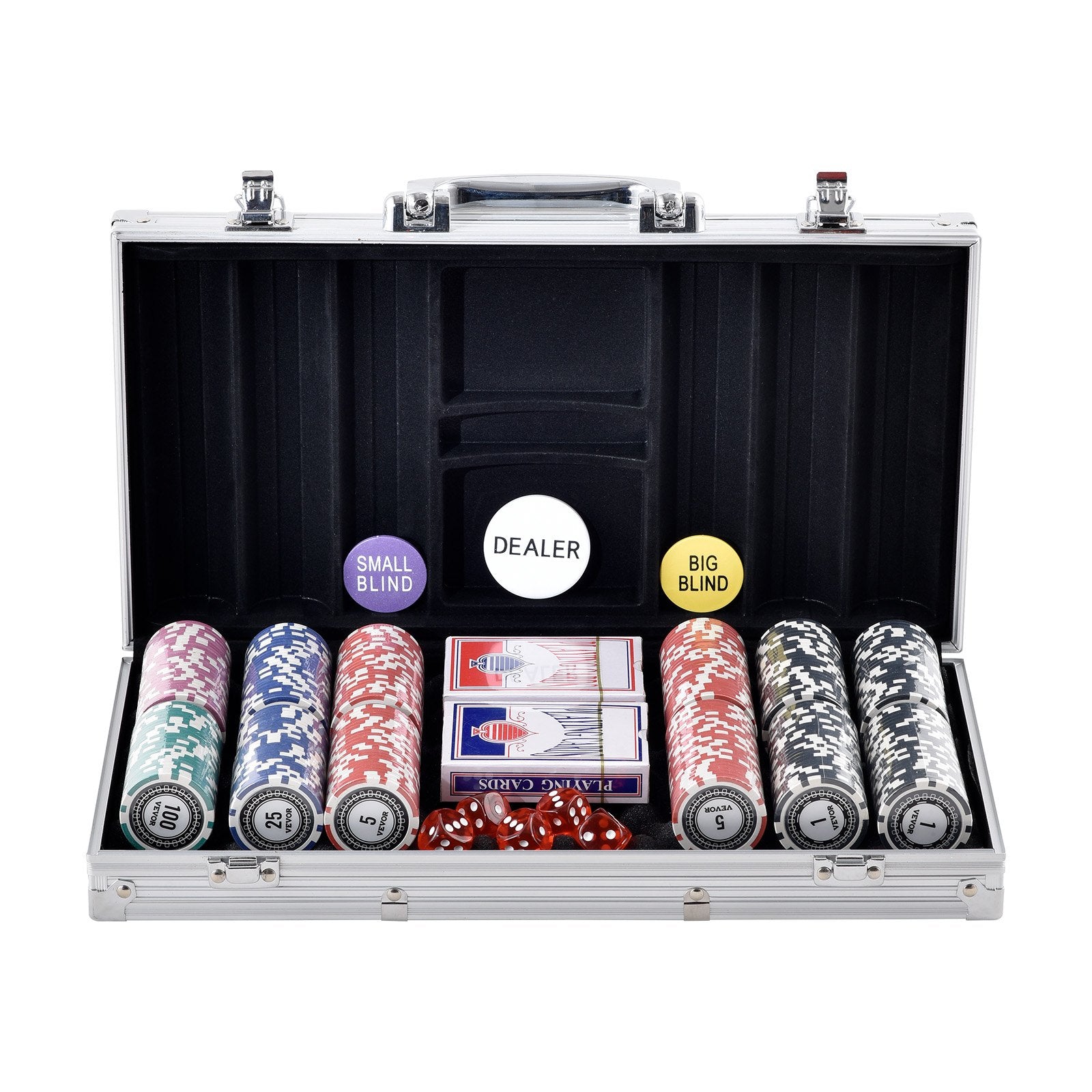 Card Games: VEVOR Poker Chip Set, 300-Piece Poker Set, Complete Poker Playing Game Set with Aluminum Carrying  Case, 11.5 Gram Casino Chips, Cards, Buttons and Dices, for Texas Hold'em, Blackjack, Gambling