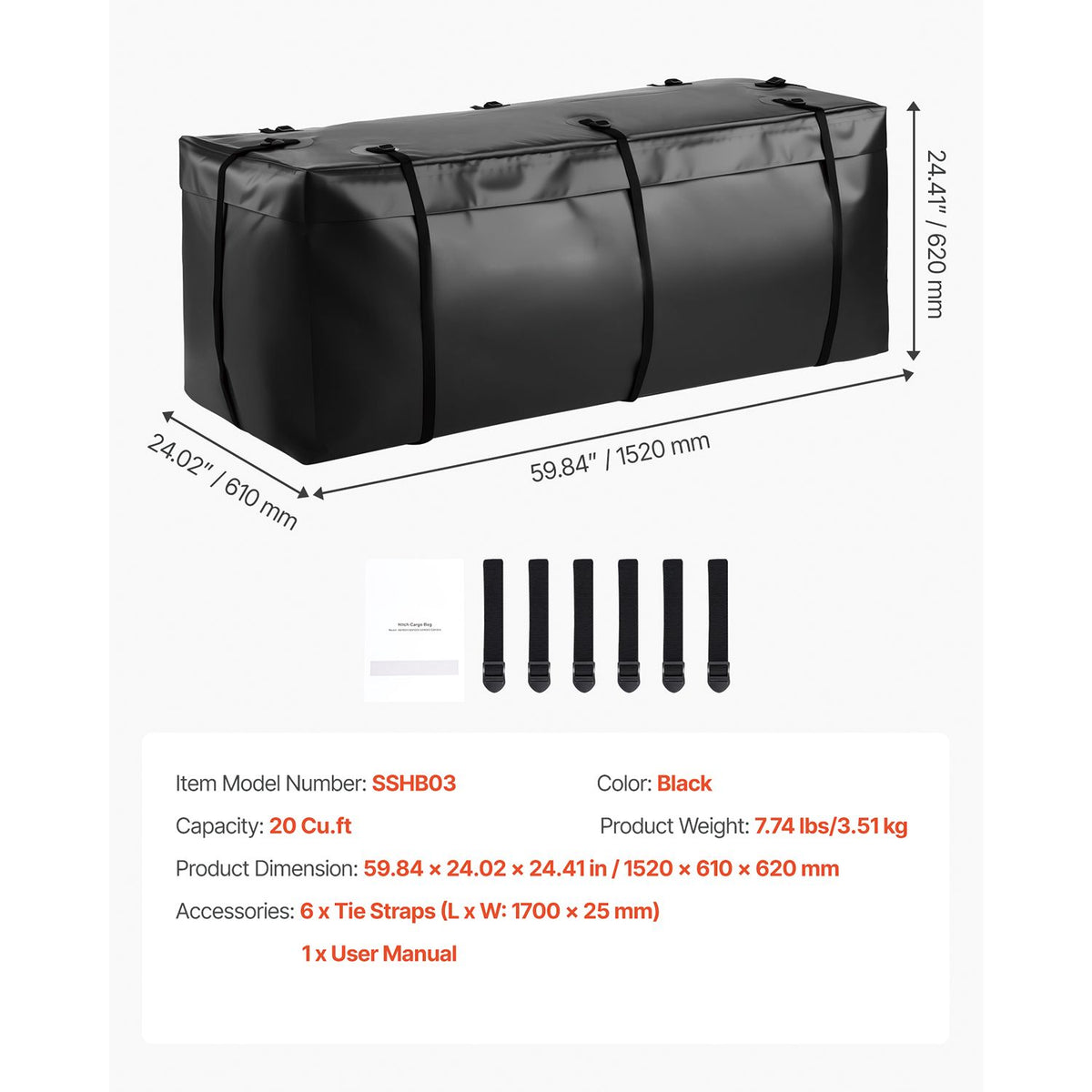Hitch Cargo Carrier Bag, Waterproof 840D PVC, 152 x 61 x 62 cm (20 Cubic Feet), Heavy Duty Cargo Bag for Truck Bed Storage with 6 Reinforced Straps, Suitable for Car SUV Vans Hitch Basket