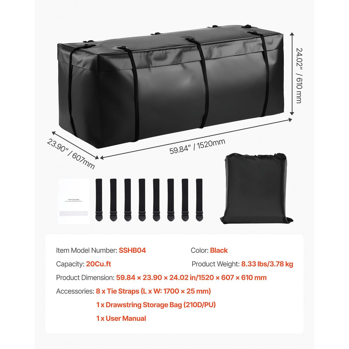 Hitch Cargo Carrier Bag, Waterproof 840D PVC, 152 x 60.7 x 61 cm (20 Cubic Feet), Heavy Duty Cargo Bag for Truck Bed Storage with 8 Reinforced Straps, Suitable for Car SUV Vans Hitch Basket