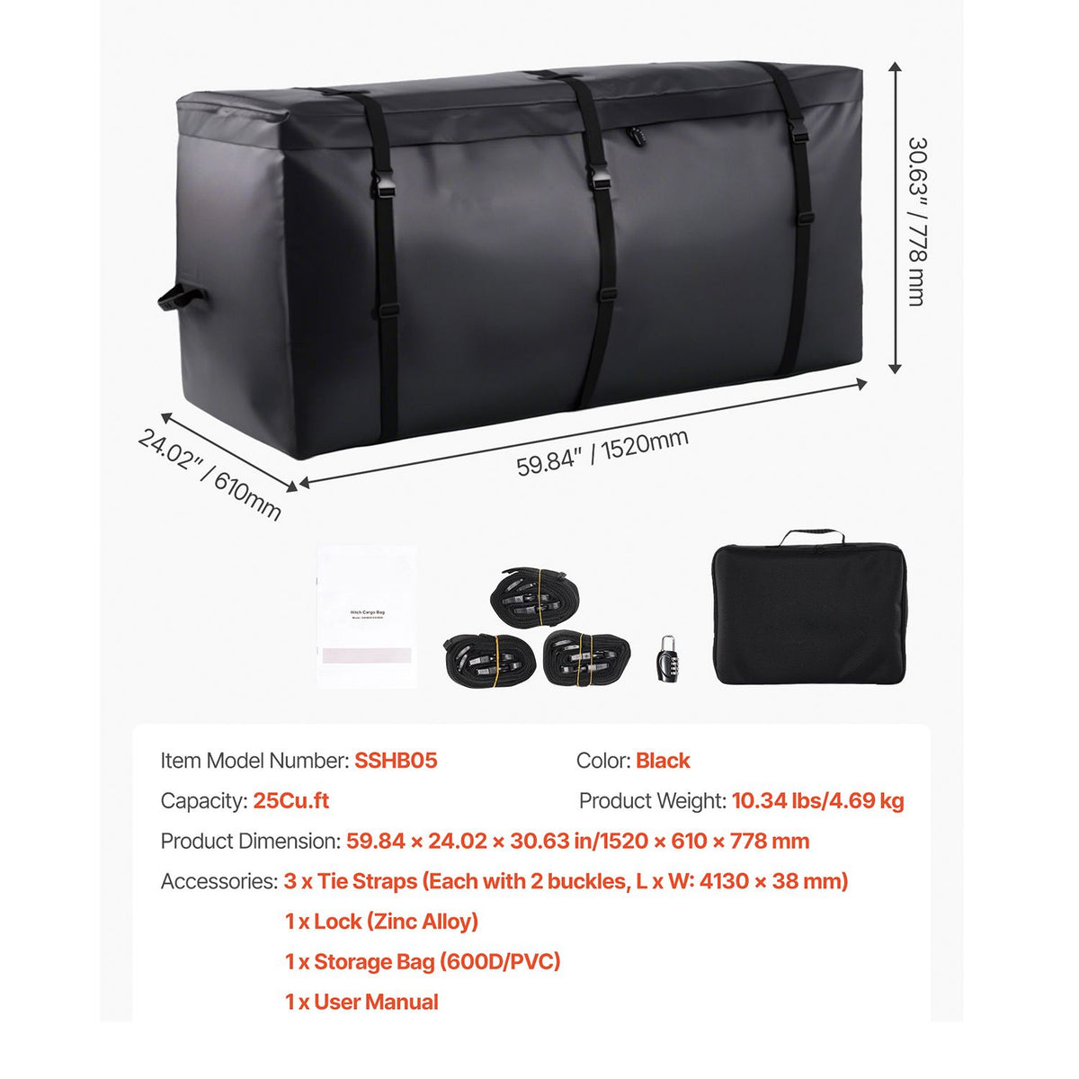 Hitch Cargo Carrier Bag, Waterproof 840D PVC, 152 x 61 x 77.8 cm (25 Cubic Feet), Heavy Duty Cargo Bag for Truck Bed Storage with Reinforced Straps, Suitable for Car SUV Vans Hitch Basket