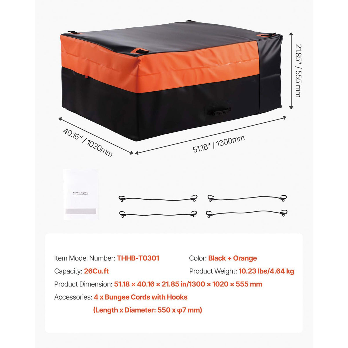 Truck Bed Cargo Bag, Waterproof 840D PVC, 130 x 102 x 55.5 cm (26 Cubic Feet), Heavy Duty Cargo Bag for Truck Bed with 4 Bungee Cords with Hooks, Fits a Variety of SUV and Pickup Trucks