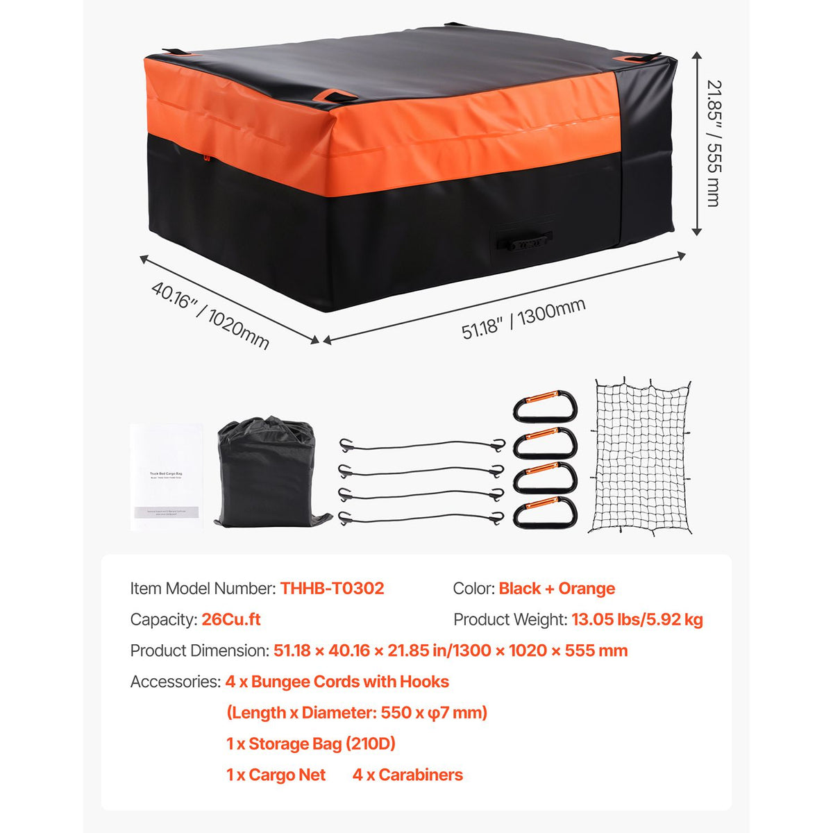 Truck Bed Cargo Bag, Waterproof 840D PVC, 130 x 102 x 55.5 cm (26 Cu. ft), Heavy Duty Cargo Bag for Truck Bed with Bungee Cords, Net and Carabiners, Fits a Variety of SUV & Pickup Trucks